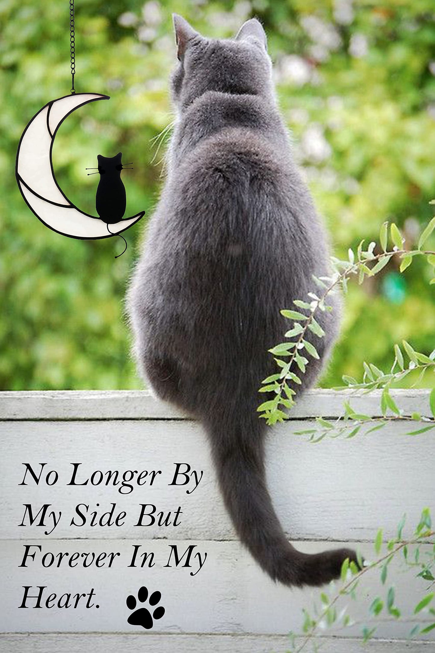 HAOSUM Black Cat On White Moon Stained Glass Window Hangings Ornament,Cat Memorial Gifts, Themed Gifts for Cats Lovers