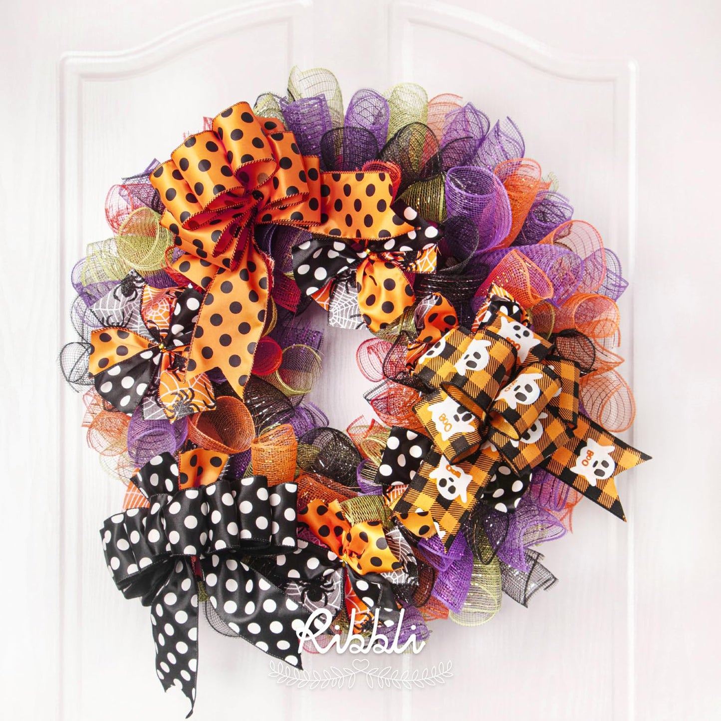 Ribbli 4 Rolls Halloween Metallic Mesh Ribbon,10 inch x 30 feet(10Yard) Each Roll,Halloween Ribbon for Wreath Swags-Orange/Black(Gold foil)/Purple/Black(Black foil