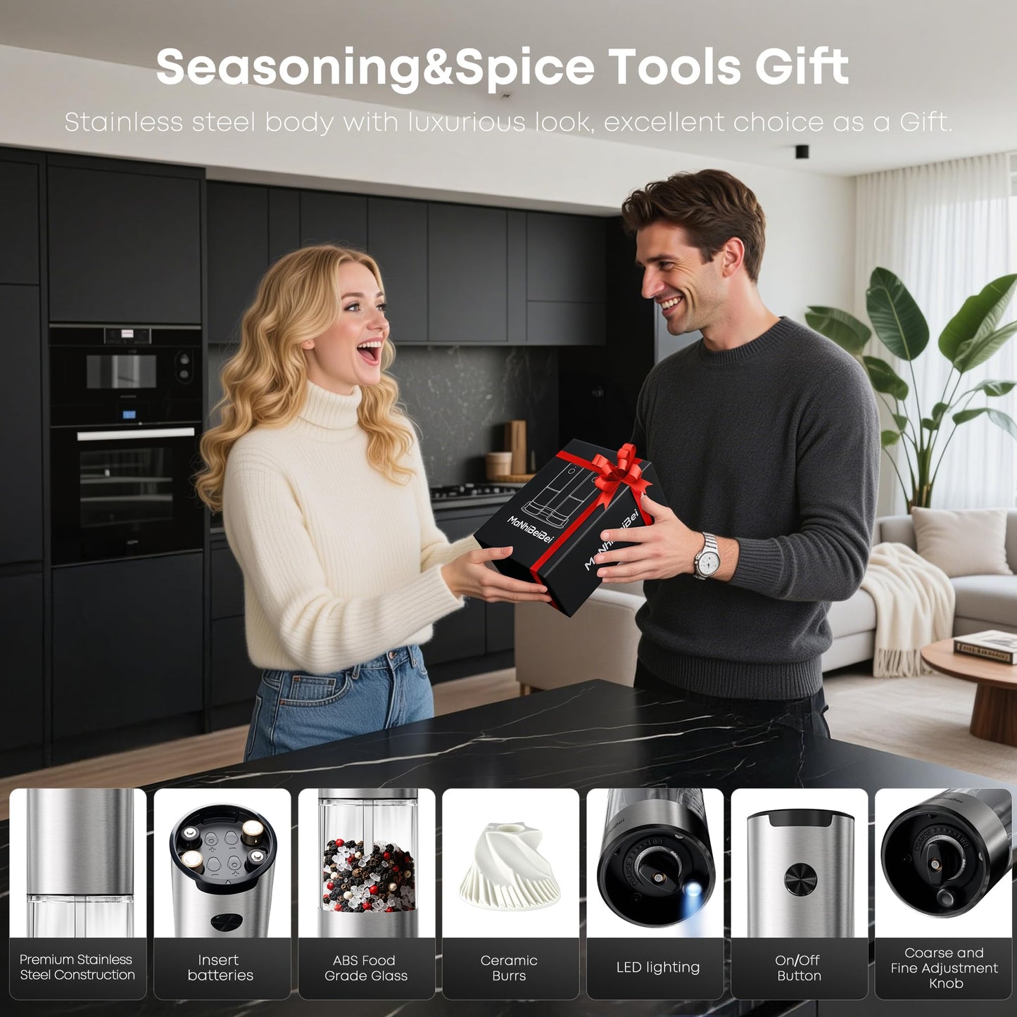 MaNhiBeiBei Electric Salt and Pepper Grinder Set - One-Hand Operated, Adjustable Coarseness, Ceramic Burrs, LED Light, Stainless Steel, Housewarming Gift (2 Pack)