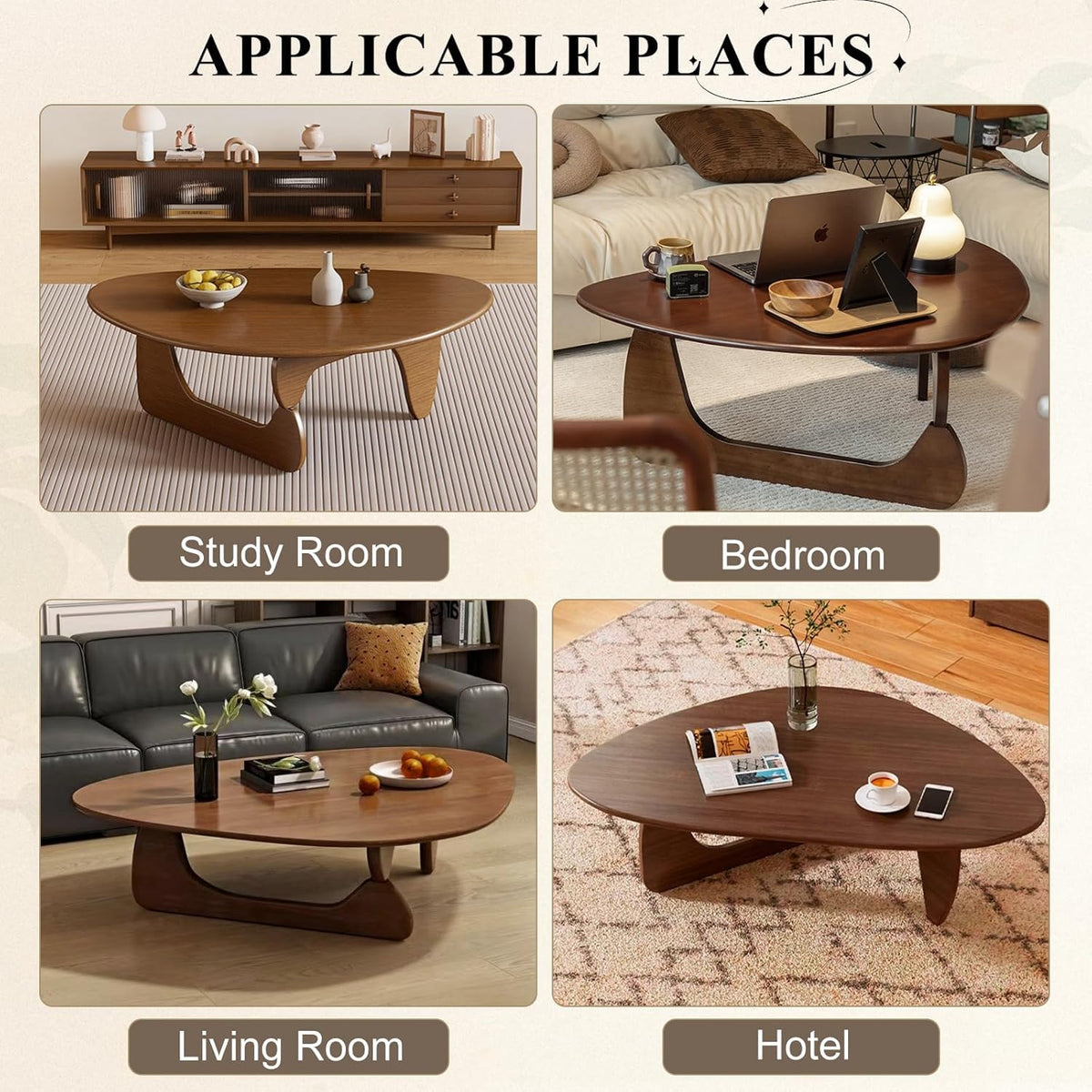 Solid Wood Triangle Coffee Table,Unique Mid Century Modern Oval Coffee Table,Irregular Geometric Tea Tables for Home Living Room with Wooden Tabletop and Reinforced Legs Walnut 35" L x 24" W x 16" H