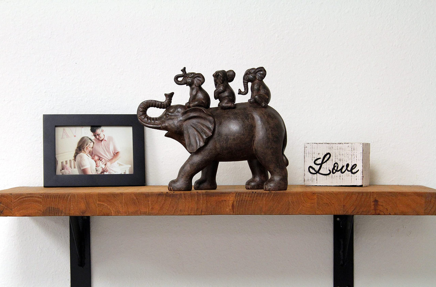 Nature's Mark 8" H 3 Baby Elephants Riding an Elephant Resin Statue Figurine Home Decorative Accent Decor (Brown)