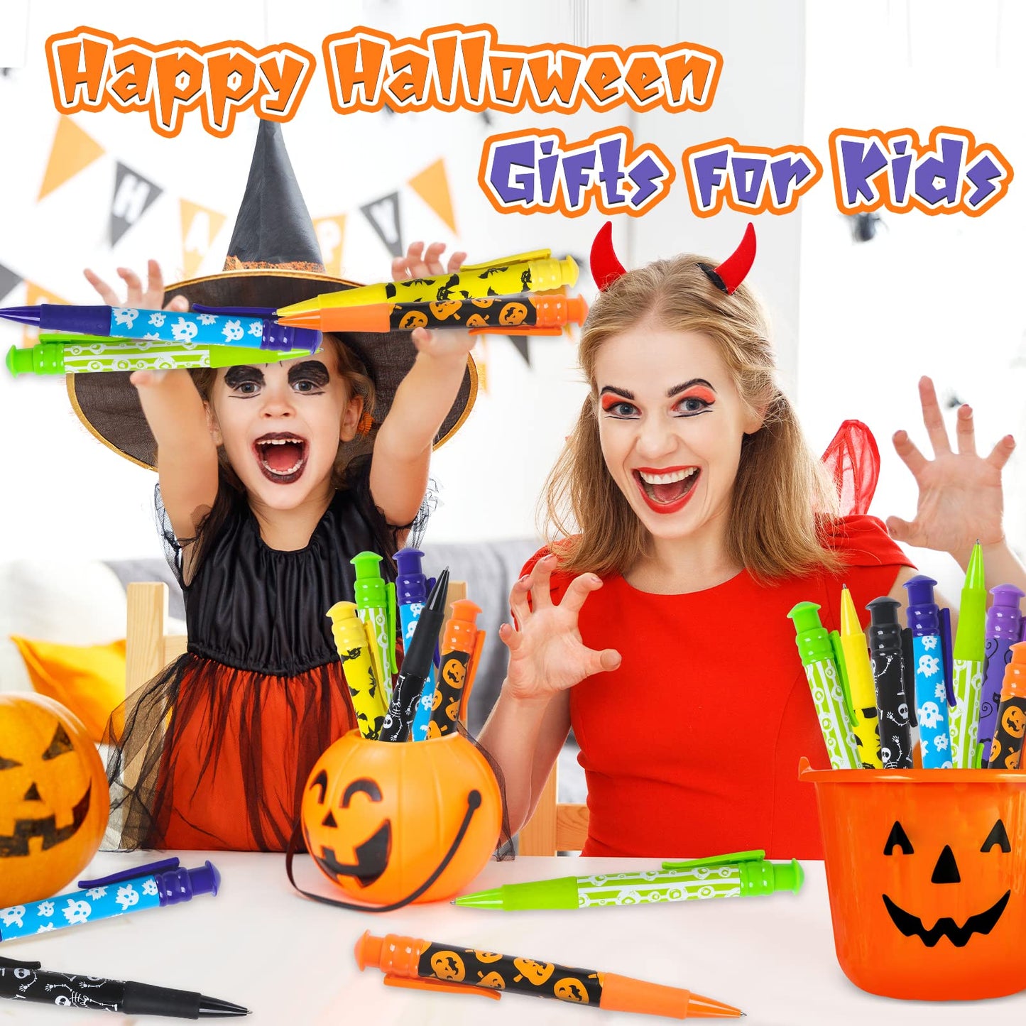 Shemira Halloween Party Favor for Kids, 24 Pcs Jumbo Pen in 6 Assorted Halloween Theme Designs for Trick or Treating,Goodie Bag Filler,Miniatures, School Classroom Rewards