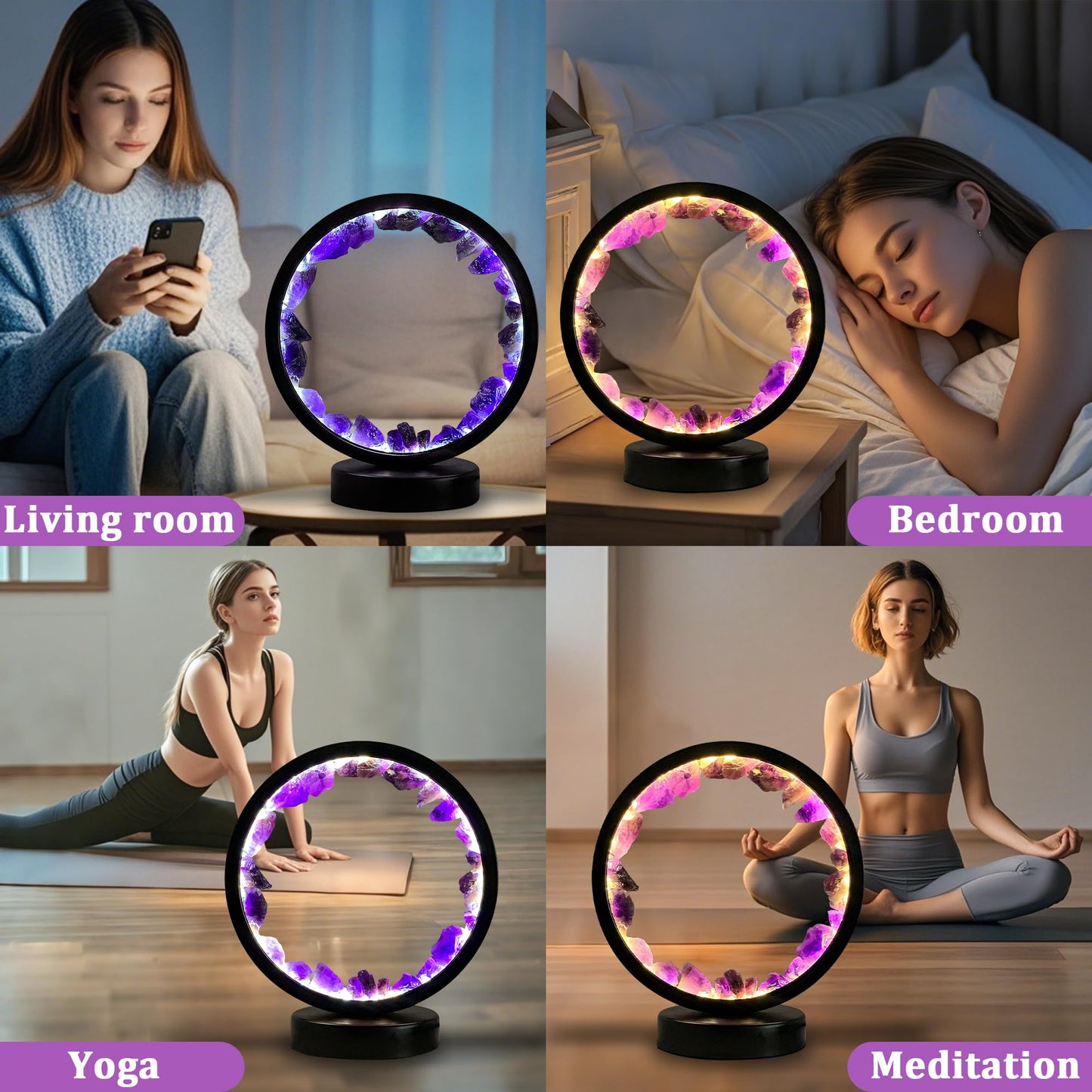 Crystals Night Light Amethyst Table Lamp,Natural Raw Amethyst Selenite Calming Lamps Crystal Healing Stone Bedside Light with 3 Color Dimming Mode,Nightlight for Office Mother's Day Birthday Gifts