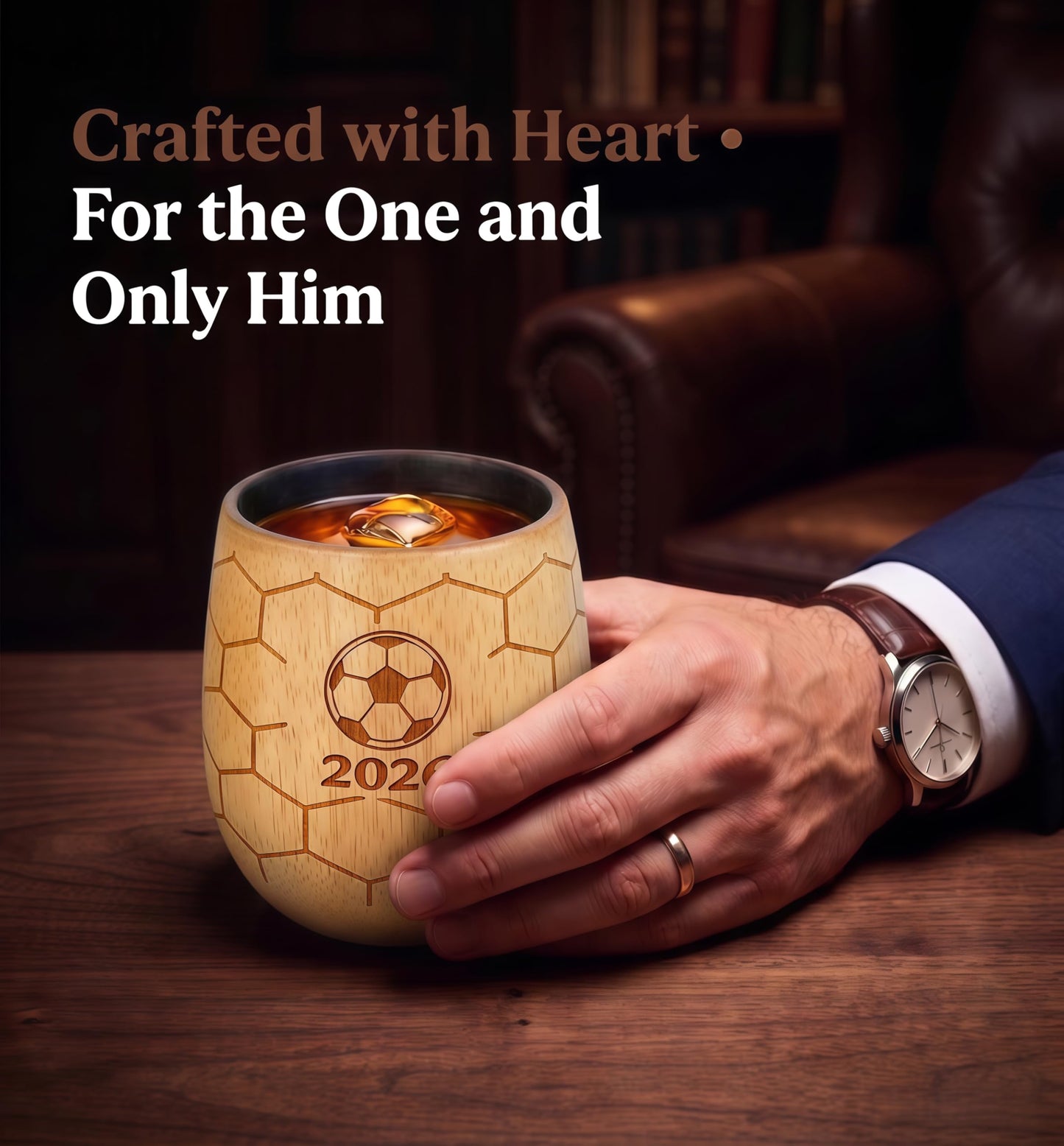 Charred Wooden Whiskey Glasses, 2026 Limited Edition Old Fashioned Glass Set, Unique Gifts for Men Who Love Soccer – for Dad, Brother, or Husband (2 Pack)