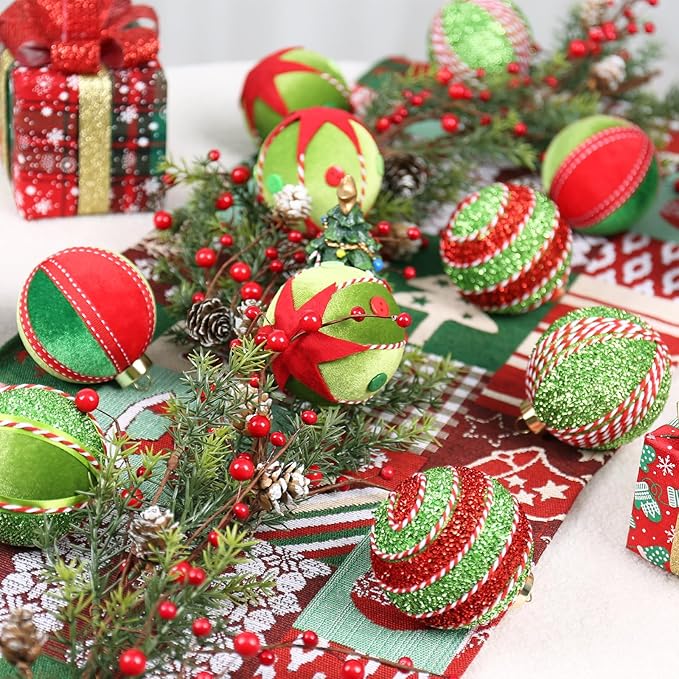 SY Super Bang Red Green Christmas Ball Ornaments, 15PCS Shatterproof Velvet Ornaments Set for Christmas Tree Hanging Decorations, for Holiday Party Xmas Decor - 80MM/3.14".