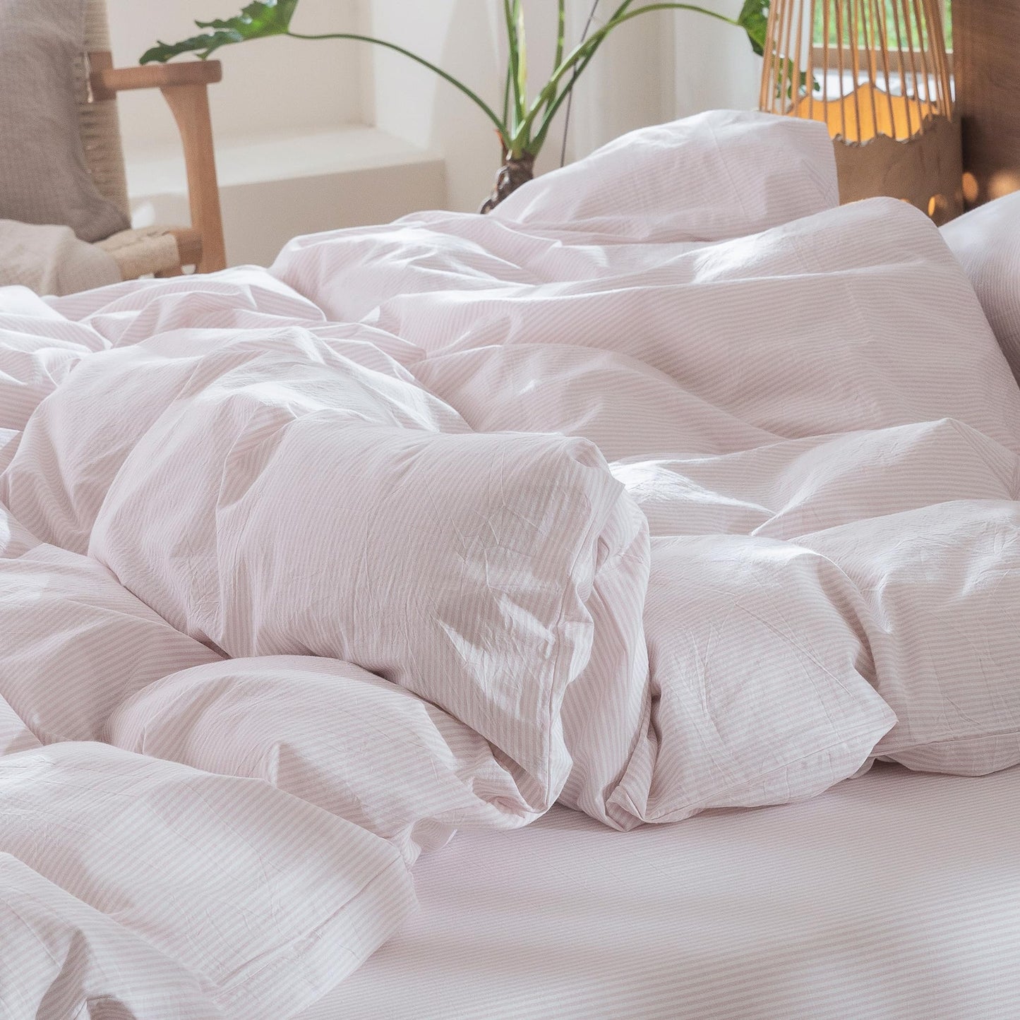 MooMee Striped Duvet Cover Set 100% Washed Cotton Linen Like Textured Breathable Durable Soft Comfy (Heathered Greyish Pink Pinstripes, Queen 90"x90")