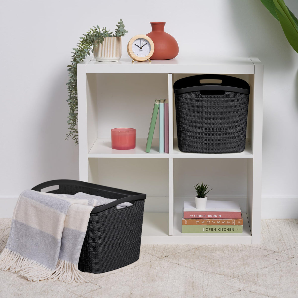 Curver Set of 2 XL 30.5L Jute Decorative Plastic Organization and Storage Baskets - Perfect Bins for Home Office, Closet Shelves, Kitchen Pantry and All Bedroom Essentials, Black