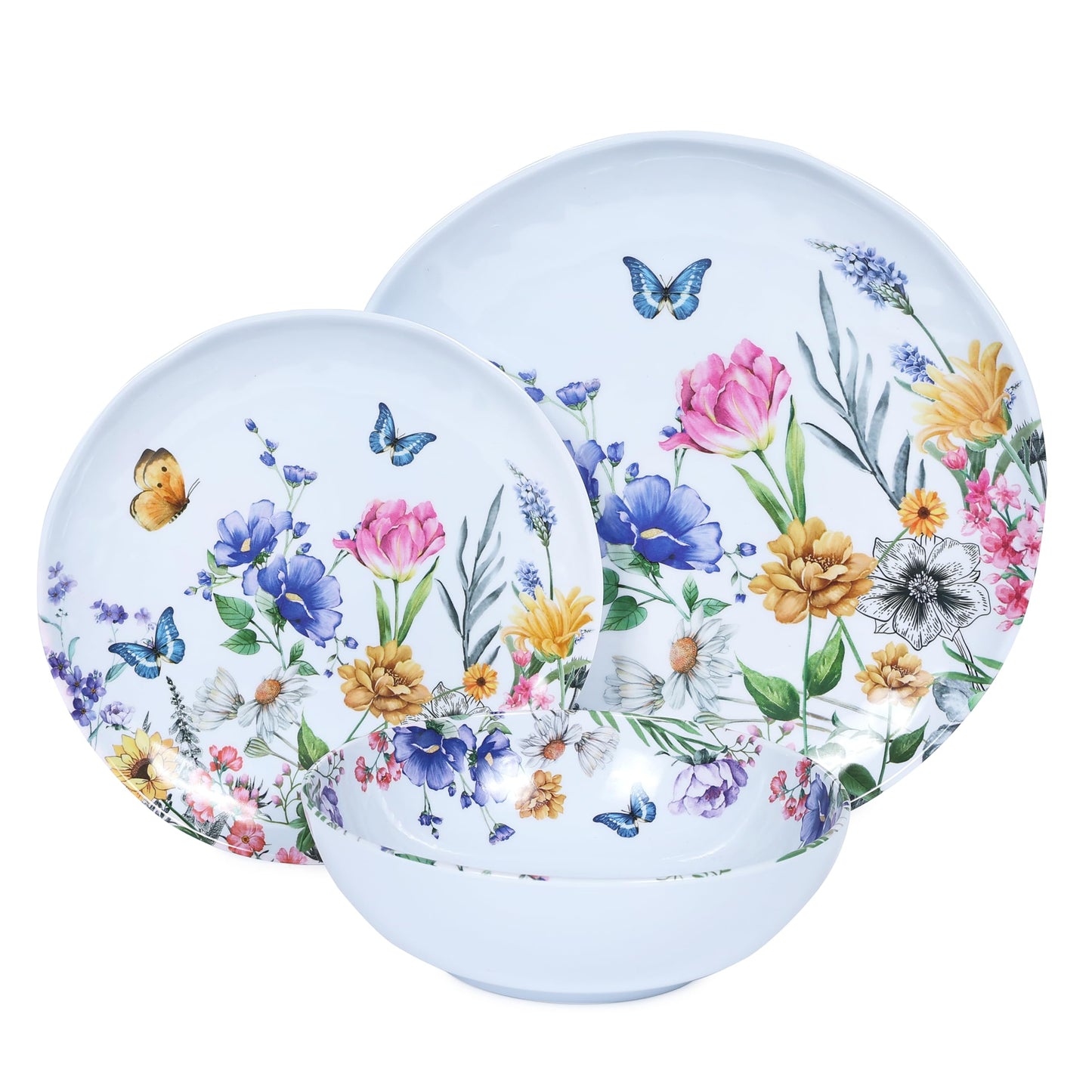 Lechoo 12 Piece Melamine Dinnerware Sets - Plates And Bowls Sets Floral Dinnerware Sets- Spring Camping Dishs Indoor Outdoor Use,Flowers And Butterflies Pattern