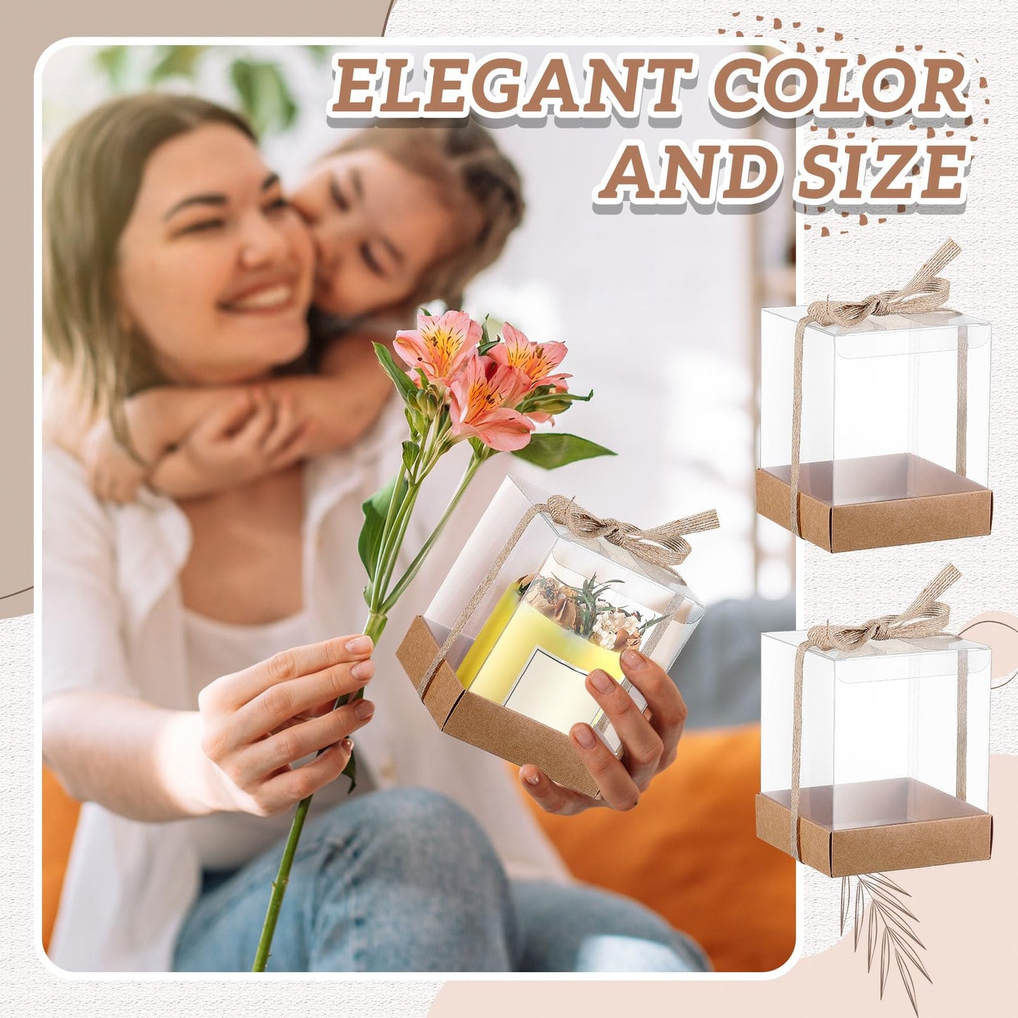 Cunno 24 Sets 3.5 x 3.5 x 4.3 in Candle Gift Package Valentine's Transparent Box 4-18 oz Handmade Tealight Candle Holder Paper Bottom Ribbon for Wedding Baby Shower Party Mug (Brown)