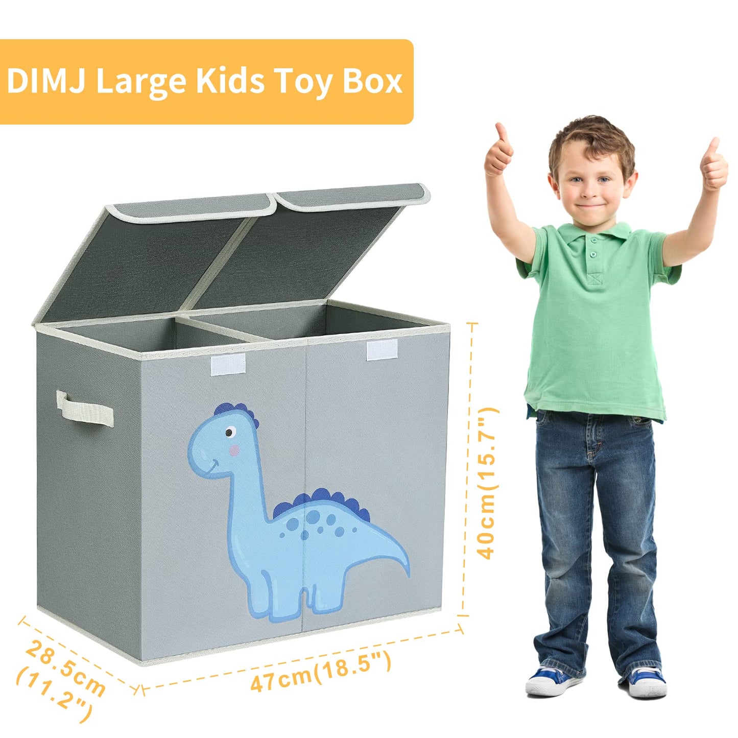 DIMJ Toy Box Storage, Large Storage Box with Lid Foldable Kids Toy Chest with Handle Cartoon Toy Organiser Divider Fabric Basket Bins for Boys, Girls, Clothes, Blankets, Nursery, Home Storage (Grey)