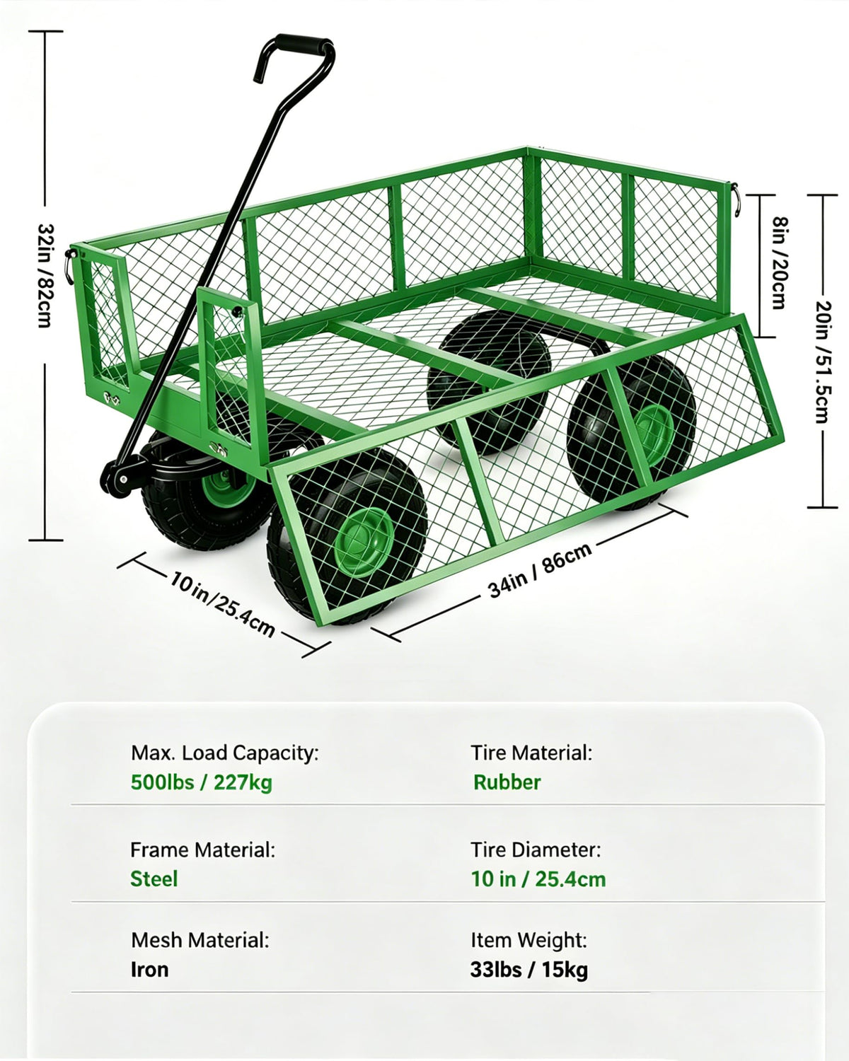 Garvee Steel Garden Cart, 500 LBS Capacity Utility Outdoor Wagon, Heavy Duty Mesh Garden Metal Wagon with Removable Sides, Flexible Handle for Yard, Lawn, Garden
