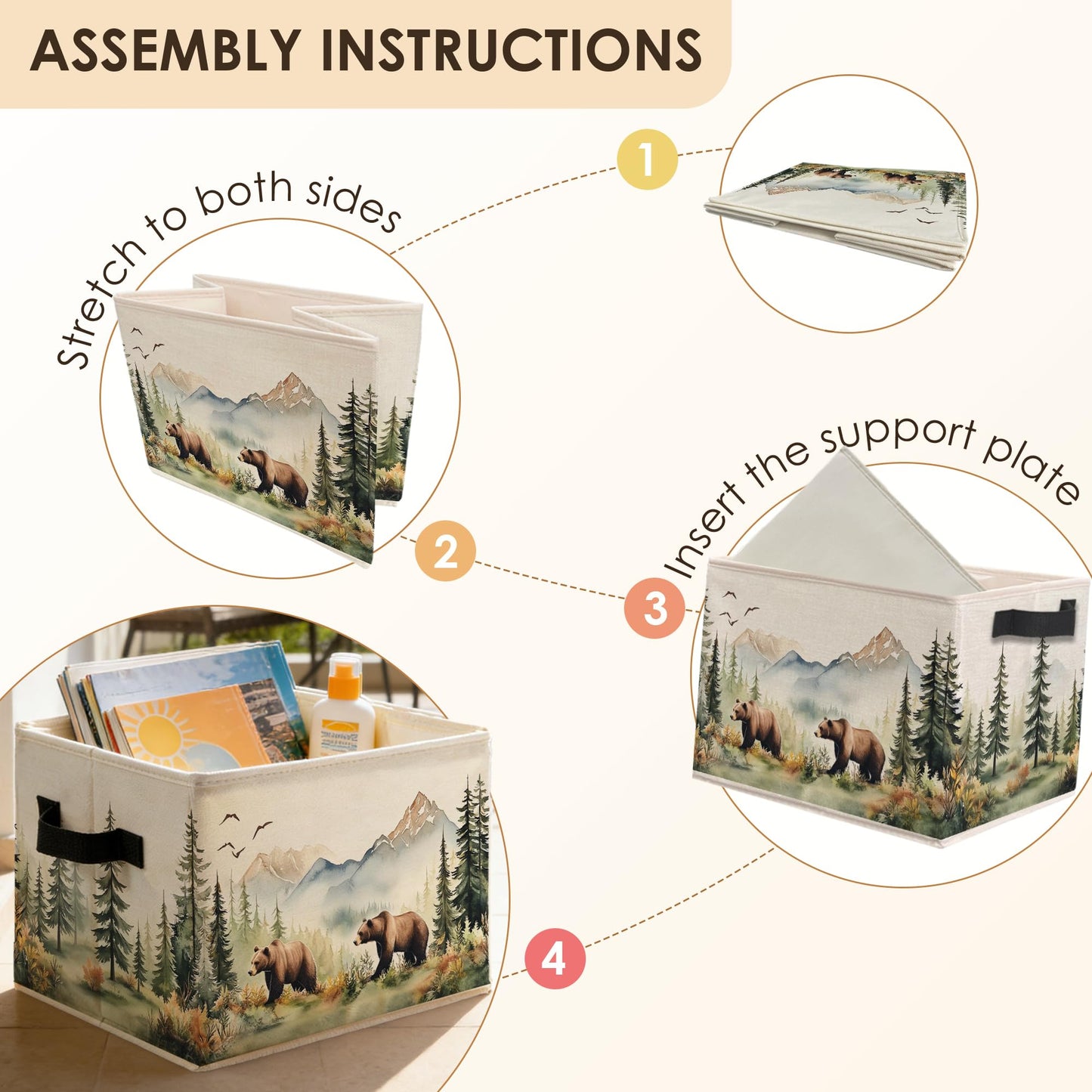 Fyecoluo Forest Brown Bear Nursery Storage Bins Box with Handles, Camping Hiking Lover Gifts Foldable Basket Toybox for Kids Room Nursery Playroom Bedroom Bathroom Clothes Toys Books