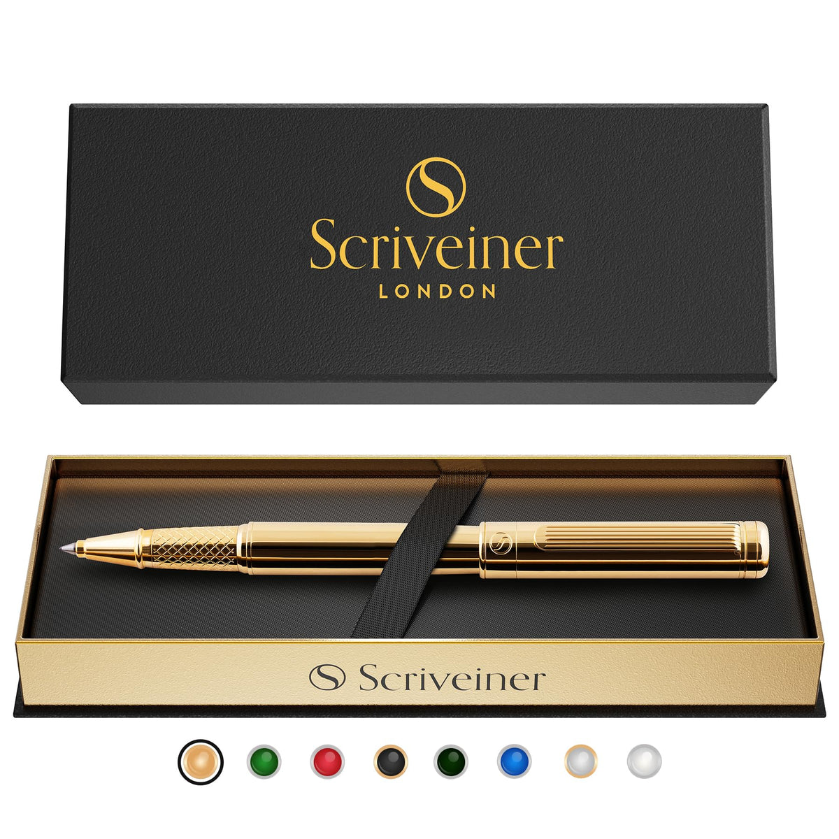 Scriveiner Gold Rollerball Pen - Stunning Luxury Pen, Real Gold Plating, Schmidt Ink Refill, Best Roller Ball Pen Gift Set for Men & Women, Professional, Executive Office, Nice Pens