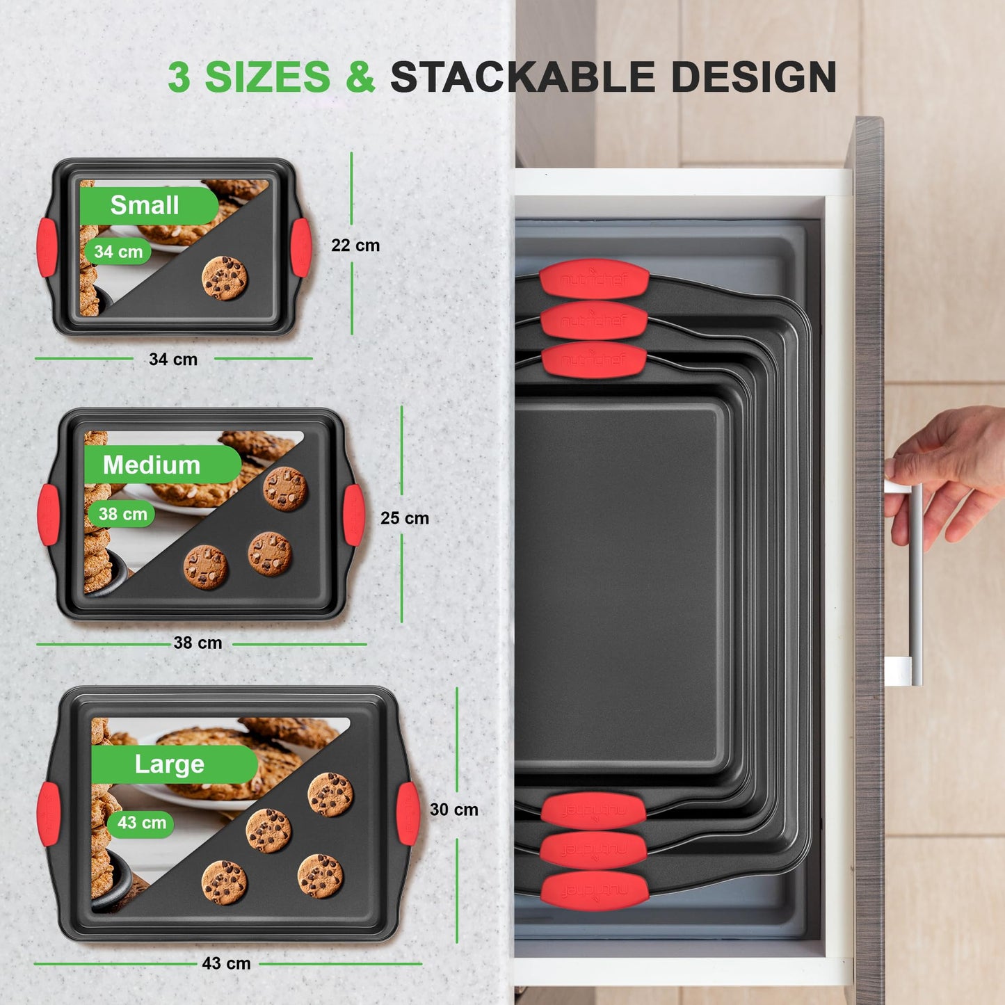 NutriChef 3-Piece Nonstick Kitchen Oven Baking Pans - Premium & Stylish Non-Stick Steel, Commercial Grade Restaurant Quality Metal Bakeware with Red Silicone Handles - Easy to Clean