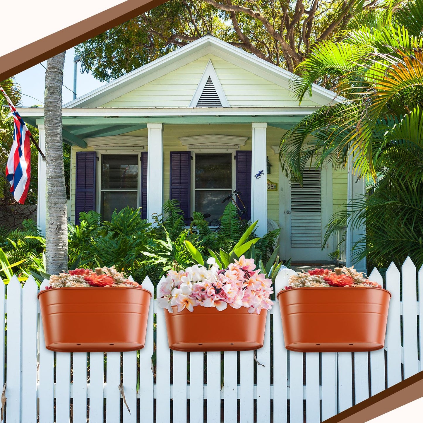 Hicarer 12 Pcs Metal Hanging Flower Pots for Railing Fence, 10.6 Inch Hanging Rail Planters for Outdoor Window Balcony Plants Holder with Hooks for Garden Yard Home Decor (Brown)