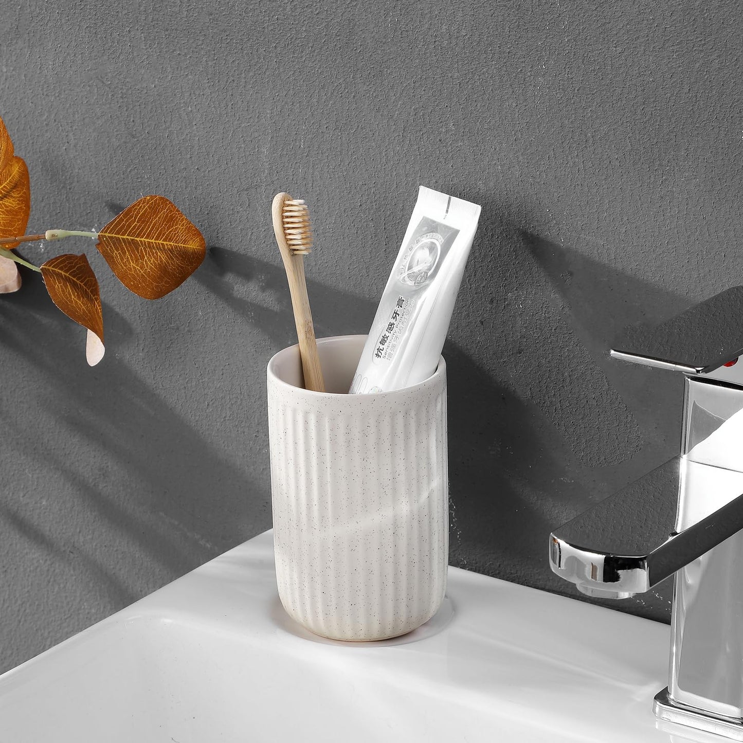 BSDISP Toothbrush Holders - 2 Cup Ceramic Toothbrush Toothpaste Holders Set, Beige Bathroom Tumbler Cups Reusable Toothbrush Mouthwash Cup, Bathroom Counter Organizer