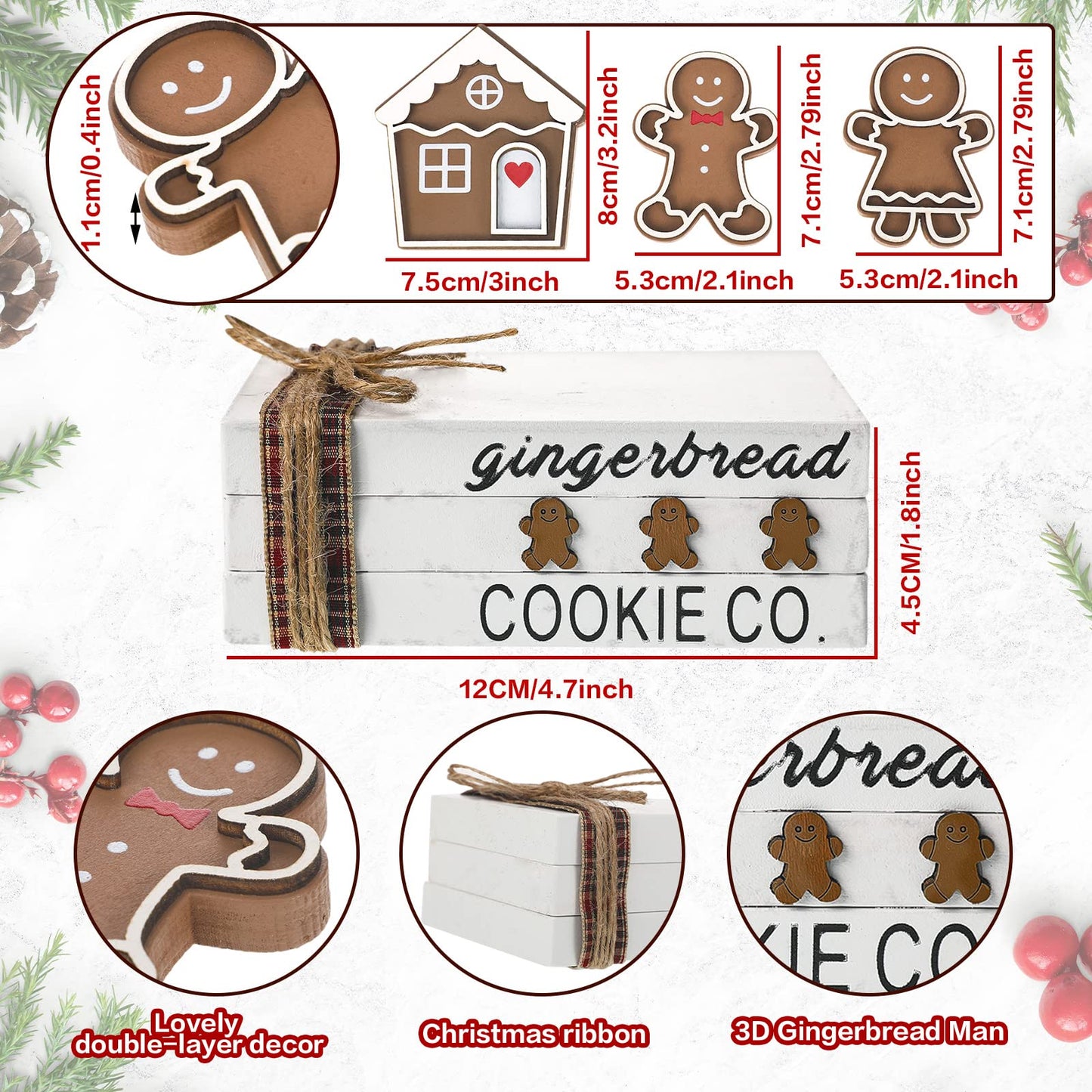 Jetec 6 Pcs Christmas Gingerbread Table Decor Wooden Xmas Gingerbread House Signs Farmhouse Tiered Tray Decor Rustic Mini Book Wood Block Centerpiece Decorations for Home Office Desk Shelf Party Gift