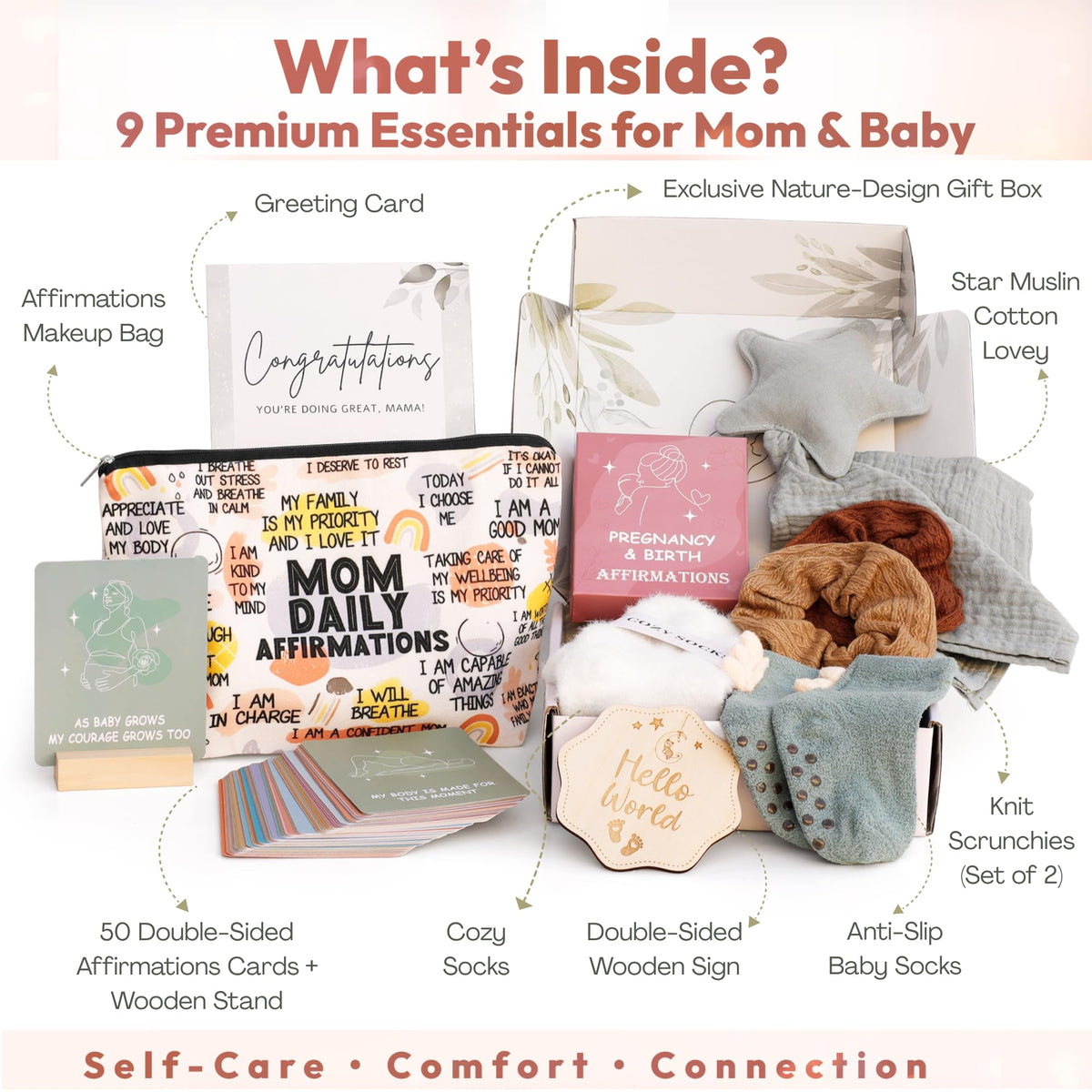 LUCOI New Mom Care Package Gift Set with Daily Affirmation Cards – Postpartum Gifts for Mom After Birth, Pregnancy Gift for First-Time Moms, Baby Shower Gift for Expecting Mom, 9-Piece Set