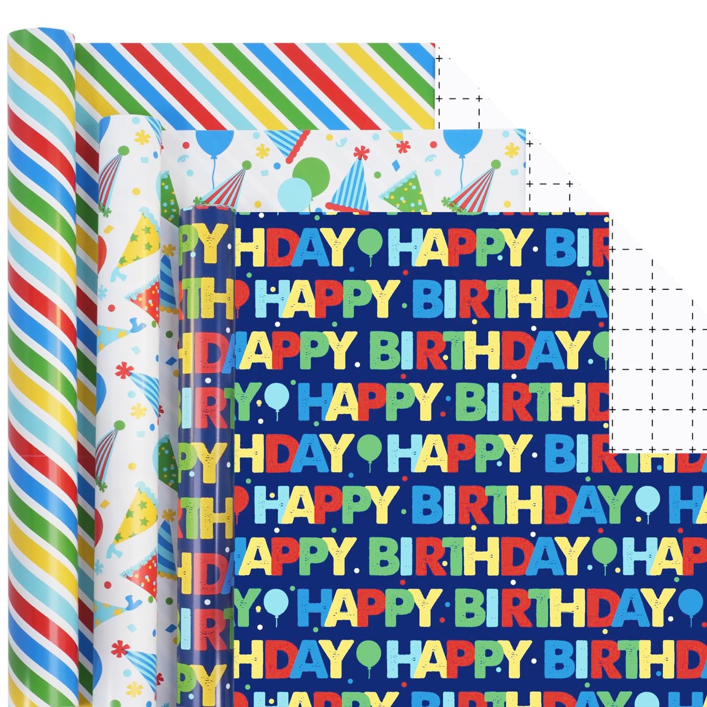 BIOBROWN Birthday Wrapping Paper, Colorful Gift Wrap with Text Happy Birthday Balloon Stripes Design for Kids, 17 inch X 120 inch Per Roll