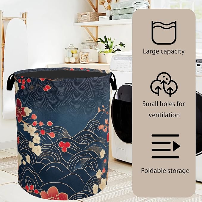 Japanese Cherry Blossom Laundry Basket, Space Saving Foldable Design