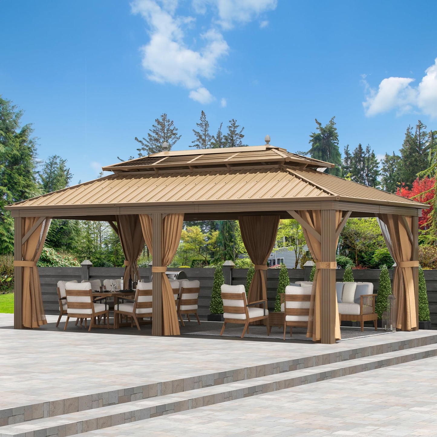 DWVO 12x20 ft Hardtop Gazebo with Nettings and Curtains, Outdoor Heavy Duty Aluminum Gazebo Combined of Horizontal and Vertical Stripes Roof for Patio, Backyard, Deck, Lawns and Balcony (Bronze)