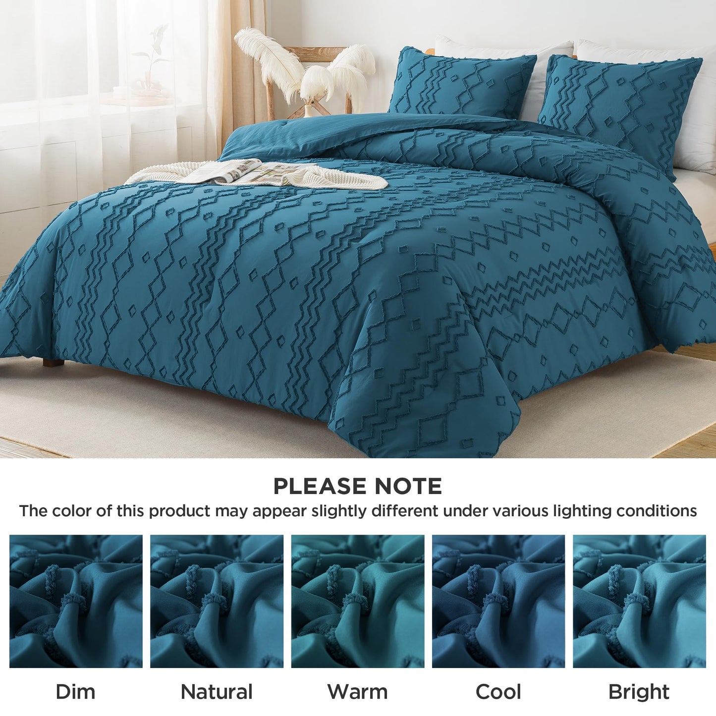 Andency Teal Tufted Comforter Set Queen(90x90Inch), 3 Pieces(1 Boho Comforter, 2 Pillowcases) Textured Farmhouse Bed, Soft Down Alternative Geometric Bedding Set