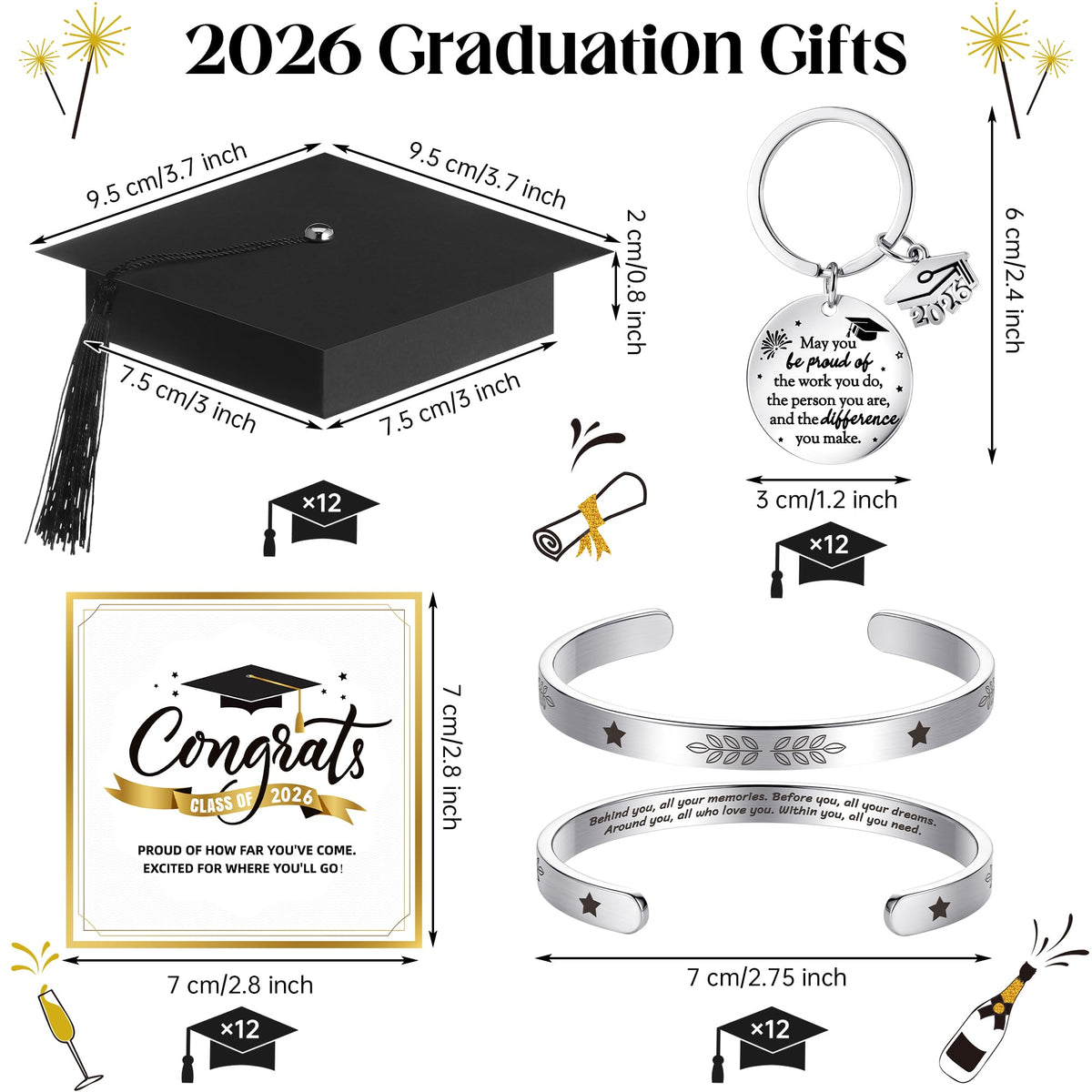 Aneco 12 Set 2026 Graduation Gifts for Classmates Grad Cap Box Unisex Bracelets Gift Bags Keychain Grad Card for Senior Night Gifts College or Junior High School Class Graduated Student