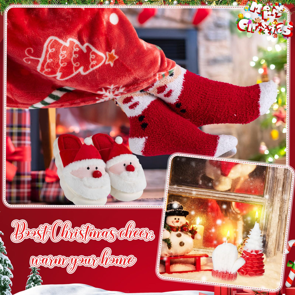 Patelai 10 Pcs Christmas Gifts Merry Christmas Gift Basket Set Xmas Hat 12 oz Tumbler Gift Bag Blanket Slippers Socks Candles Keychain Greeting Card for Women Wife Coworkers Friend Teacher