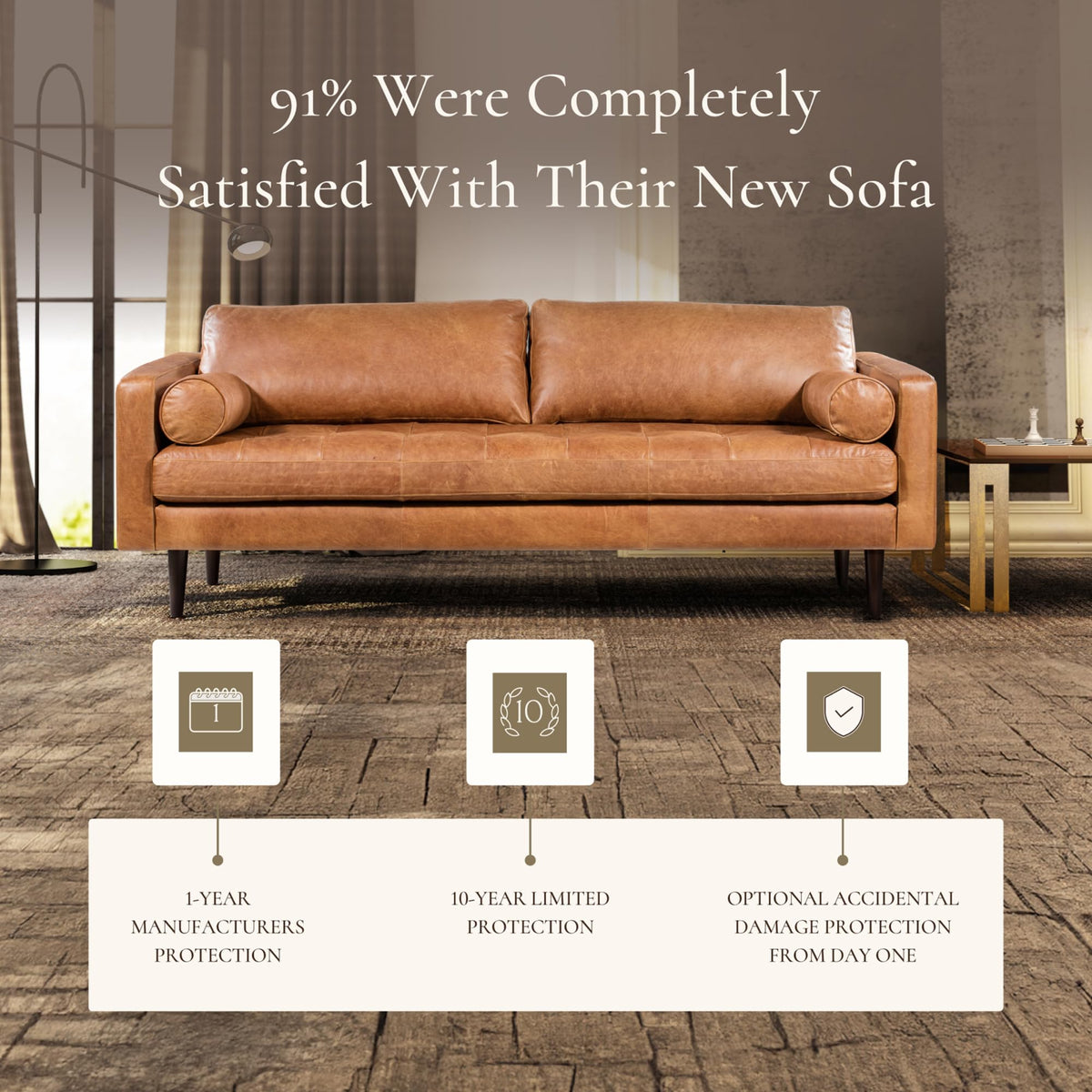 POLY & BARK Napa 88.5" Leather Sofa – Full-Grain Italian-Tanned Aniline Leather, Feather-Down Comfort, Solid Wood Frame, Walnut Legs, Cognac Tan