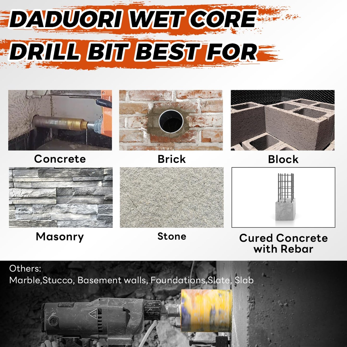 DaduoRi 7" Wet Core Drill Bit with Water Injection Capable Adapter for SDS Plus Shank - Includes Solid Brass Quick Connector and Hose - Convenient 1 1/4"-7 Thread Core Bit with Water Feed Design