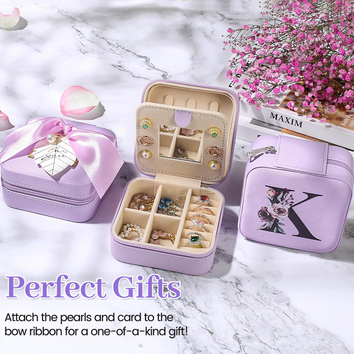 AYGXU Jewelry Organizer Box - Birthday & Mothers Day Gifts for Women, Small Travel Jewelry Case, Initial M Purple