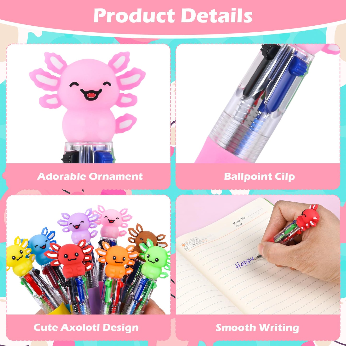 LiYiQ 50 Pcs Axolotl Party Favor Multicolor Pen in One Cartoon Cute Fun 4-in-1 Cute Pens Bulk Kawaii Axolotl Ballpoint Pens for Fun Gifts