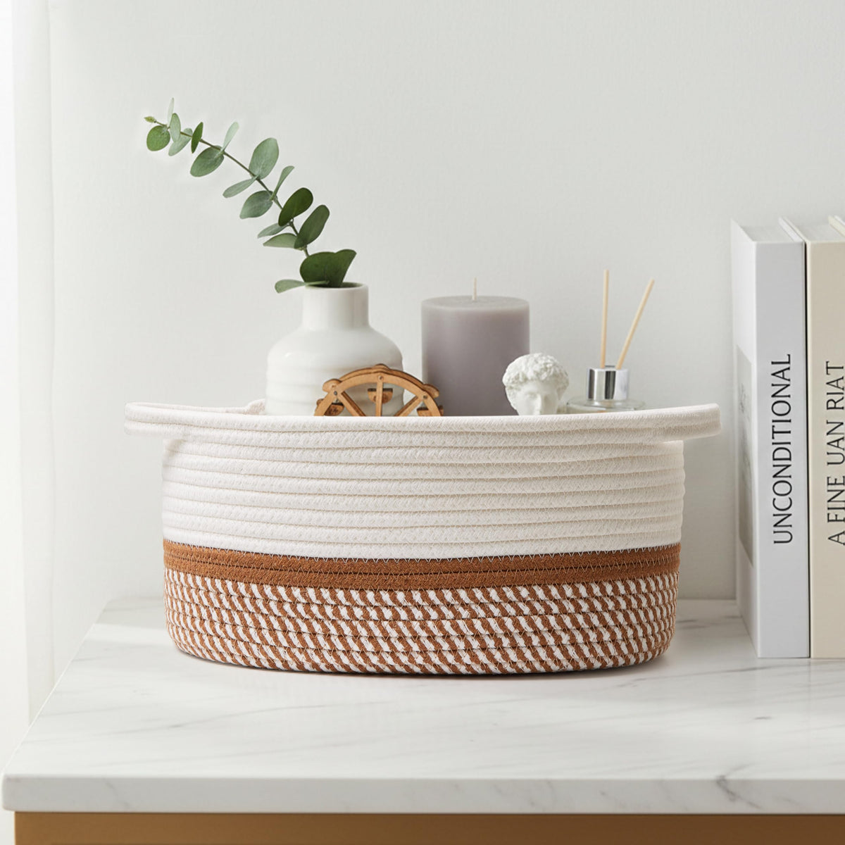 Pro Goleem Easter Woven Basket with Reinforced Handles - Baskets for Gifts Empty DIY Burr Basket Kit for Holiday, Baby Shower, Raffle - 13x8x6 Cotton Rope Storage Toy Bin (White & Brown)