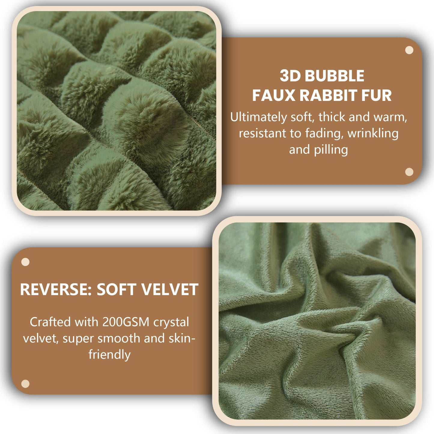 MEGO Luxury Fluffy Faux Rabbit Fur Throw, Green Comfy 3D Bubble Checkered Grid Plush Furry Blanket for Bed Couch Sofa Chair Office, Shaggy Fuzzy Throw Blanket for Kids Girls Adults, 50x60, Sage Green