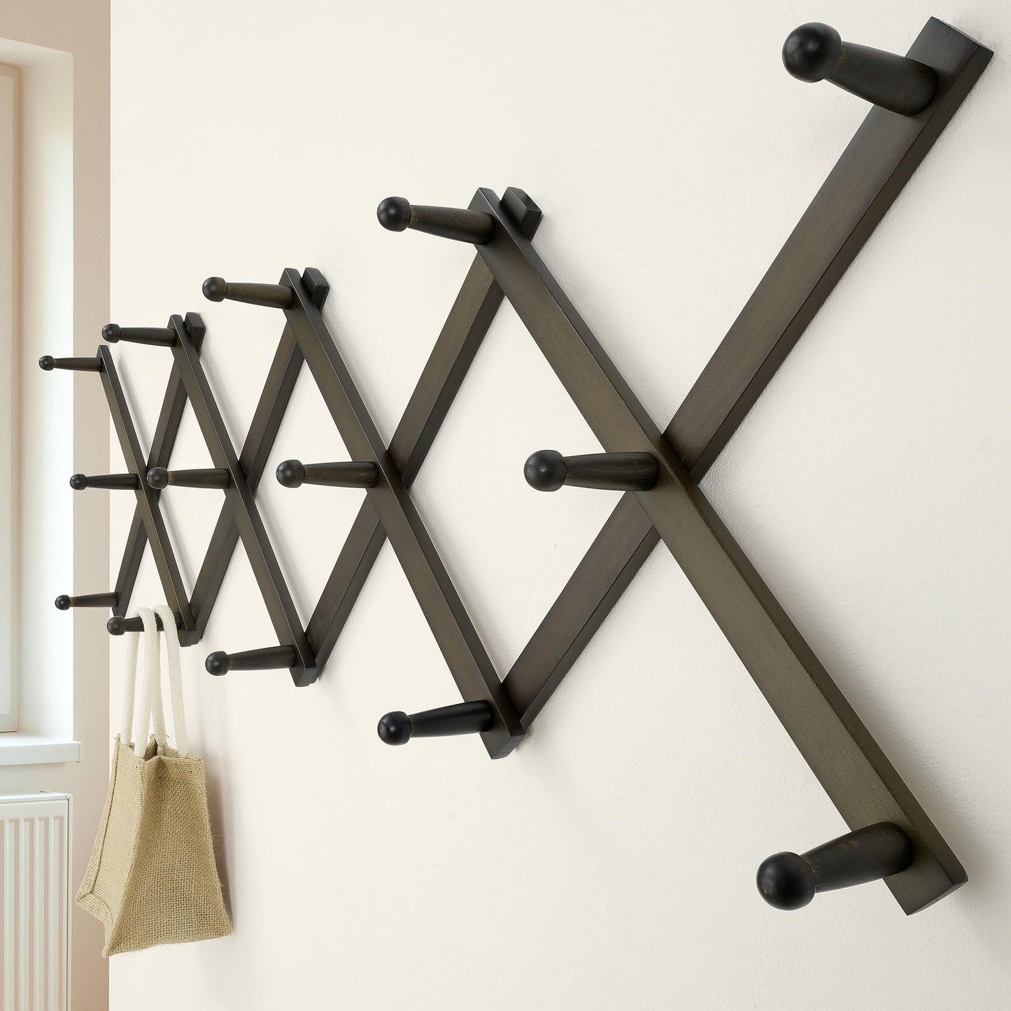 Dseap Accordion Wall Hanger:16'' High Wooden Expandable Coat Rack, Hat Rack for Wall,Accordion Hook for Baseball Caps,Coats,14 Peg Hooks,Dark Walnut