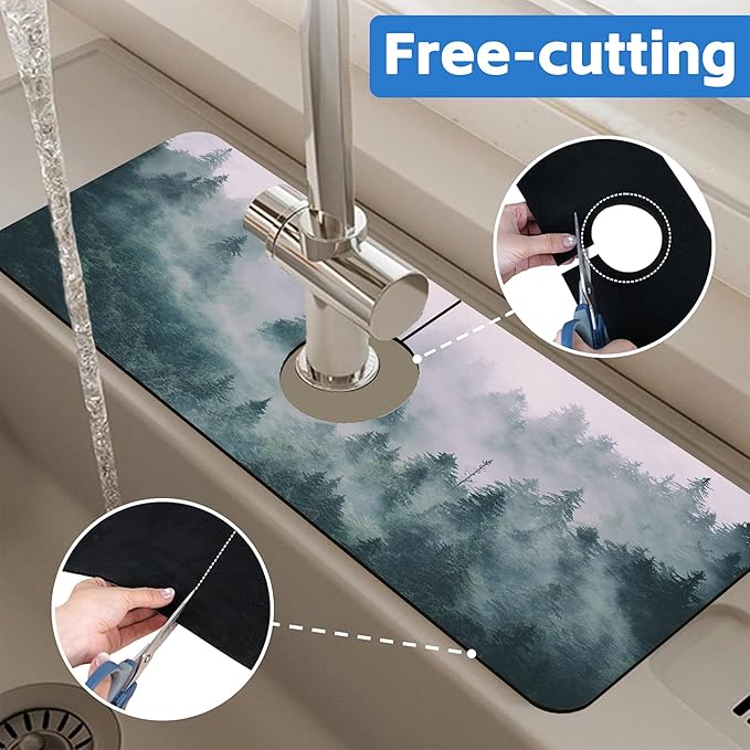 Foggy Forest Dish Drying Mat for Kitchen Sink Splash Guard Behind Faucet Sink