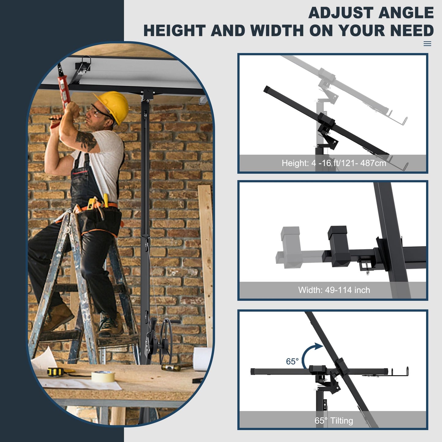 Drywall Rolling Lifter Panel,16ft Hoist Jack Lifter Sheetrock Lift Drywall Lift, 150lb Weight Capacity Panel Hoist Jack Tool, Heavy Duty Steel w/Telescopic Arm & 3 Lockable Wheels (Black)