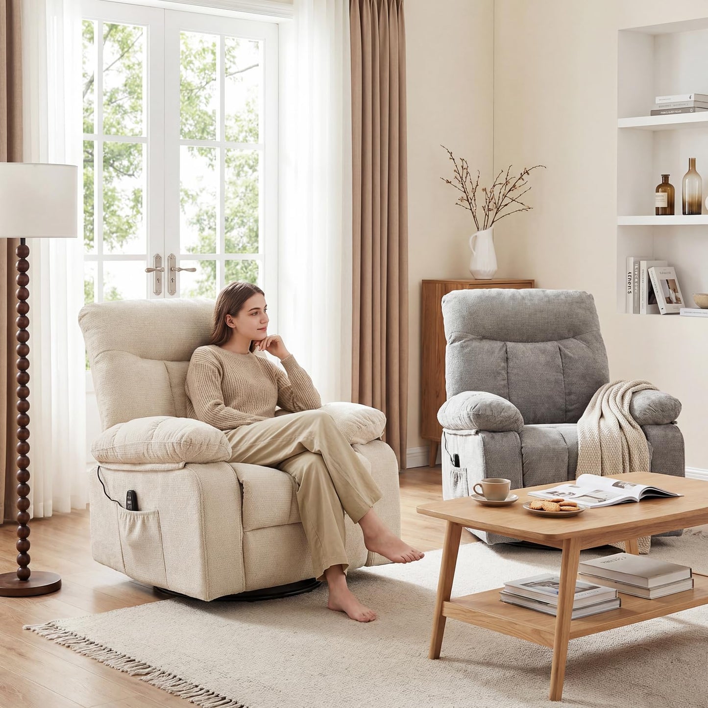 HAPPYMONT Recliner Chair, Durable & Tear-Resistant Massage Chair with Heating, Premium Chenille Fabric Massage Recliner Supports up to 380 LBS for Living Room, Bedroom, Beige
