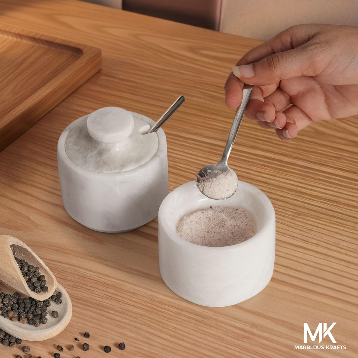 MARBLOUS KRAFTS Marble Salt Cellar 3" Inch White Celtic Salt, Seasoning Containers for Kitchen Decor, Set of 2 Spice Jars, Countertop Storage, Sugar Bowl with Lid and Spoon, Ideal Gift for New Home