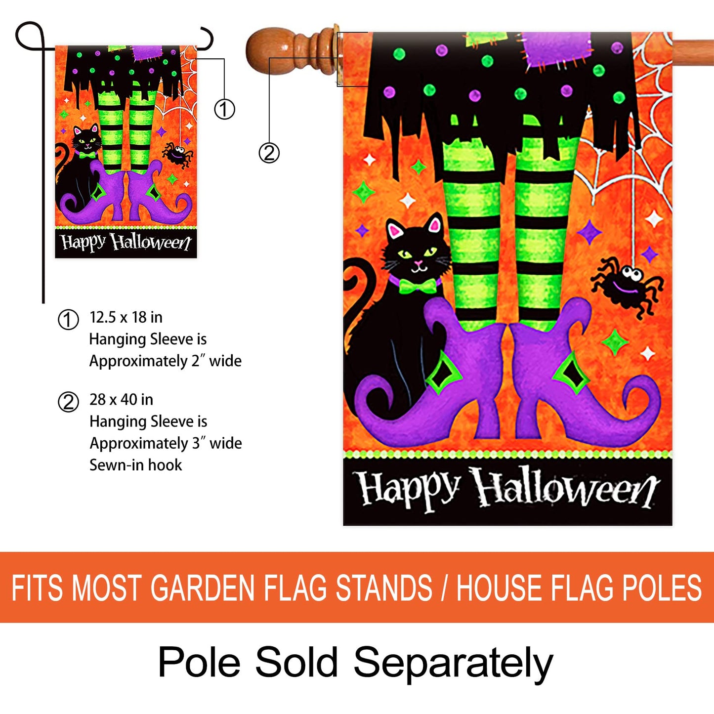 Morigins Trick Or Treat Witch Feet 28 x 40 Black Kitty Spider Decorative Happy Halloween Double Sided House Flag