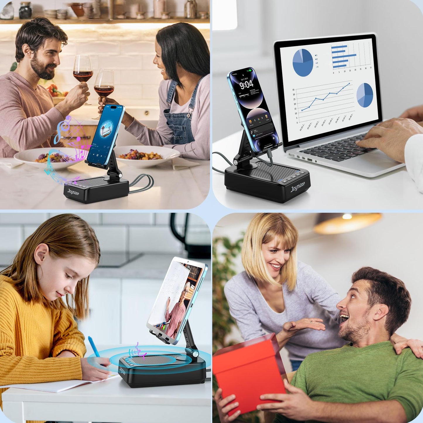 Joymate Gifts for Men Women, 10,000mAh Charging Phone Stand with Cables and Bluetooth Speaker, 360° Rotatable Angle Cell Phone Holder with HD Stereo Sound Fits Phones,Tablet (Black)