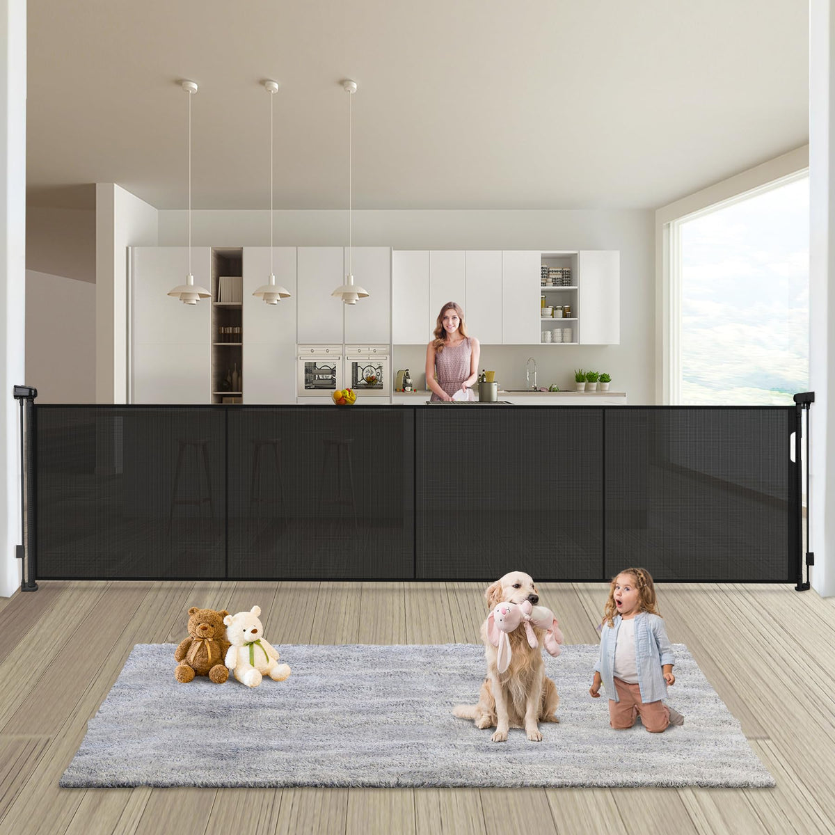 180" Extra Wide Retractable Baby Gates for Large Openings, 42" Extra Tall with Support Rods, Prevent Crawling, Mesh Dog/Pet Gate for Stairs/Doorways, Indoor/Outdoor Use