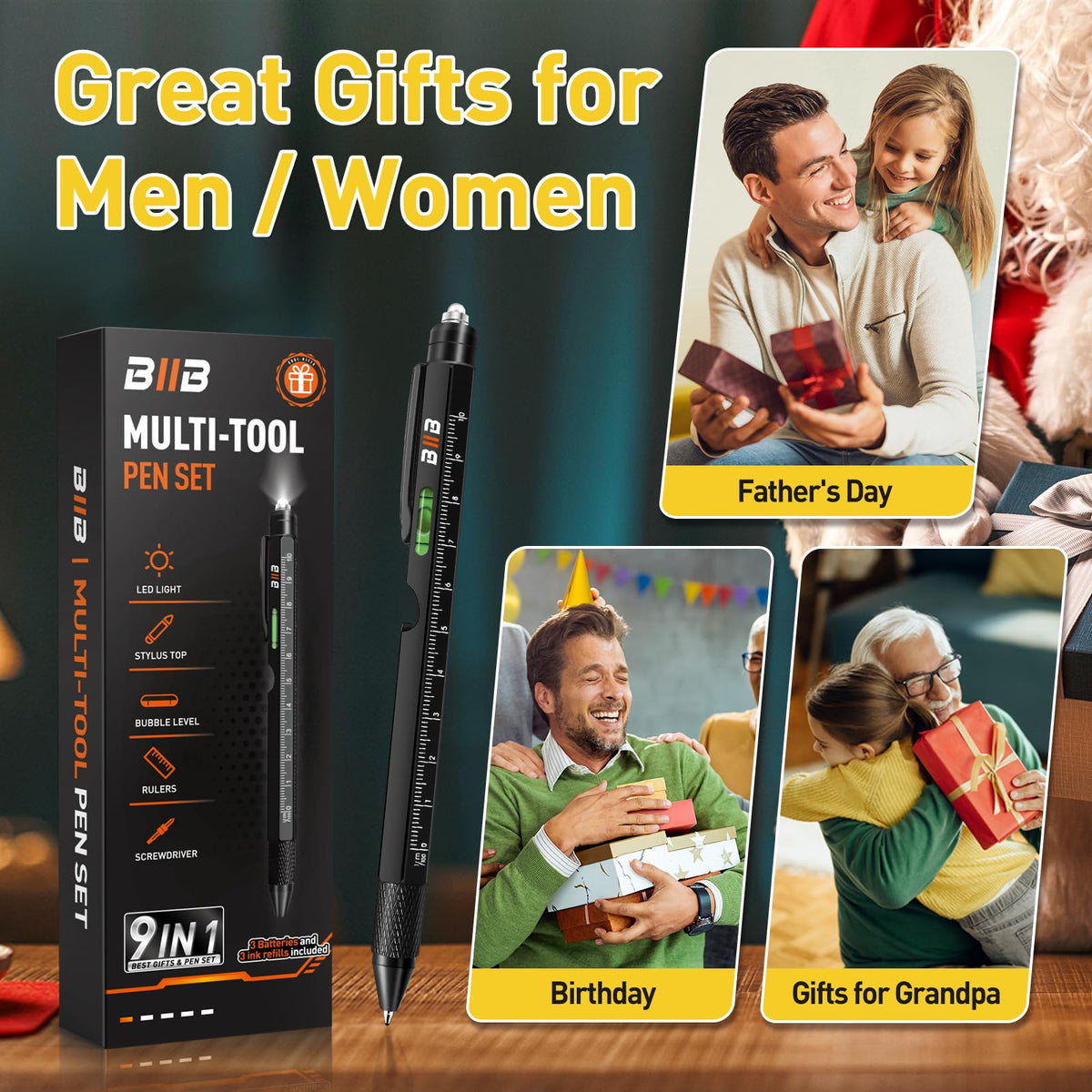 BIIB Fathers Day Gift for Men 9 in 1 Multitool Pen, Mens Gifts for Him Dad Husband, Dad Gifts from Daughter Son, Personalized Gifts Ideas, Birthday Gifts for Men, Tools Cool Gadgets