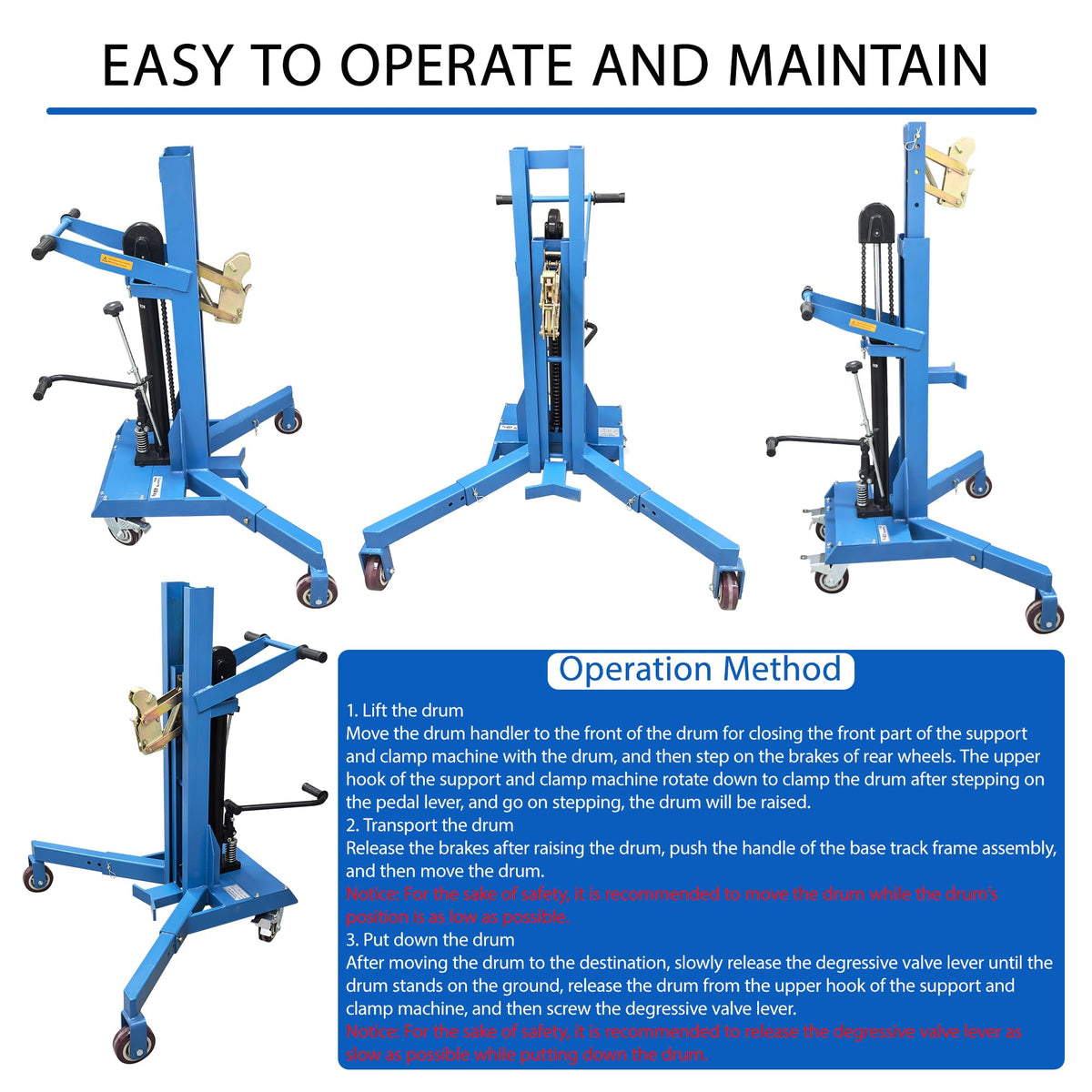 HayWHNKN Manual Hydraulic Drum Handler, Drum Lift Truck with Extendable Legs for 30-55 Gal Steel/Plastic Barrels, 450kg Capacity, 19.69" Lift Height, Easy Clamp Eagle Beak, for Factories & Warehouse