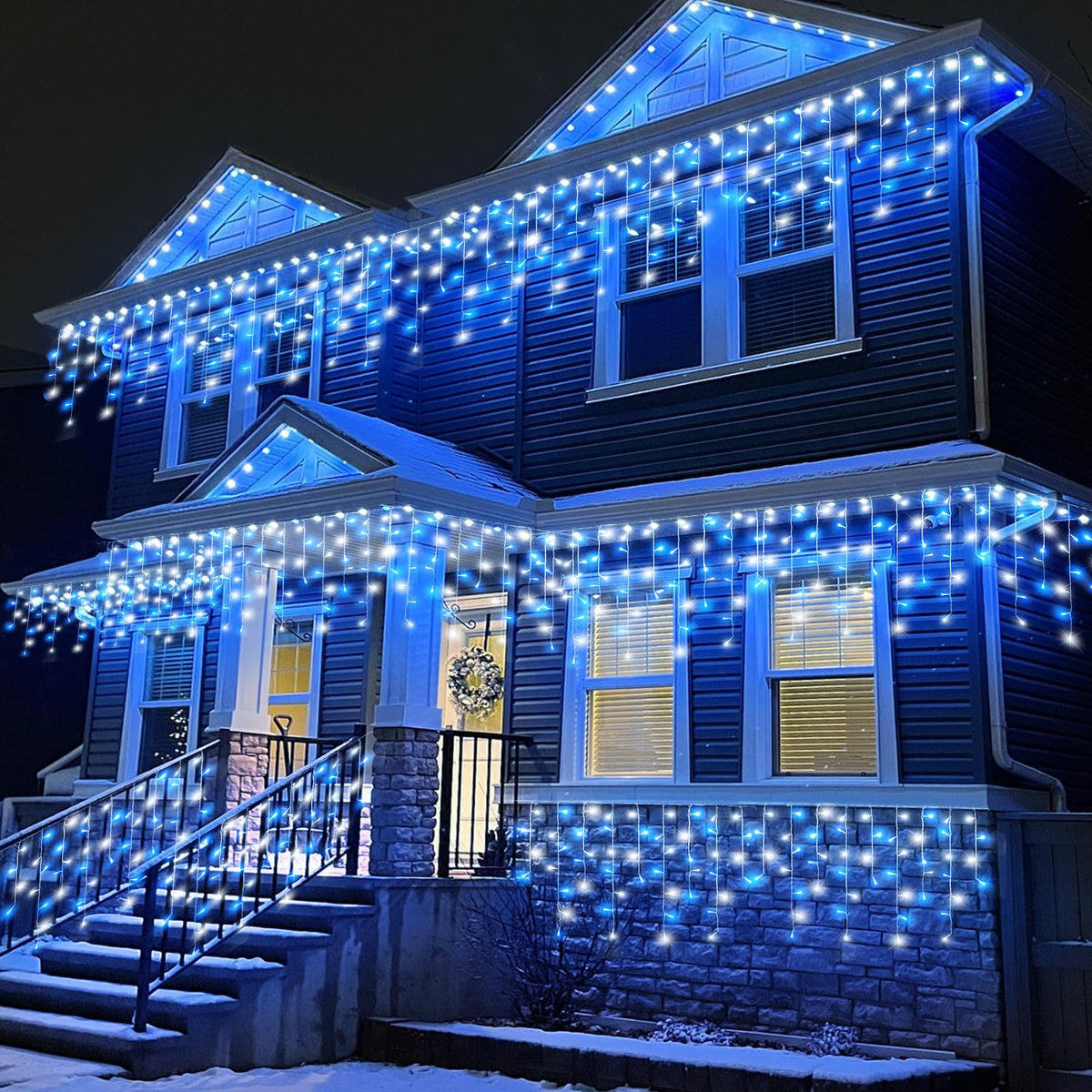 66ft Blue and White Christmas Lights, 640 LED Icicle Lights for Outside House Clear Wire Connectable Twinkle Lights with 8 Modes Timer Waterproof for Window Party Tree Holiday Patio Yard Home Decor
