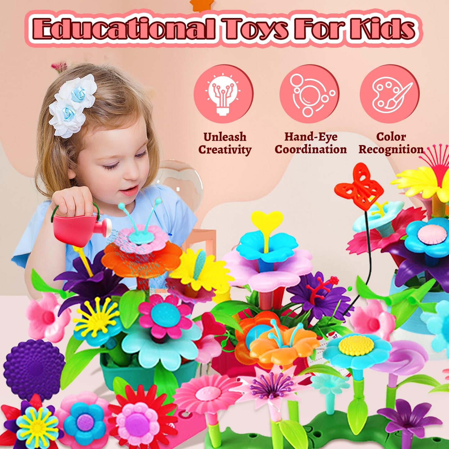 FUNZBO Girl Flower Garden Building Toys Set - Birthday Gifts for Age 2 3 4 5 6 Years Old Girls, STEM Montessori Educational Toy for Toddler Kids, Sorting & Stacking Spring Gardening Set
