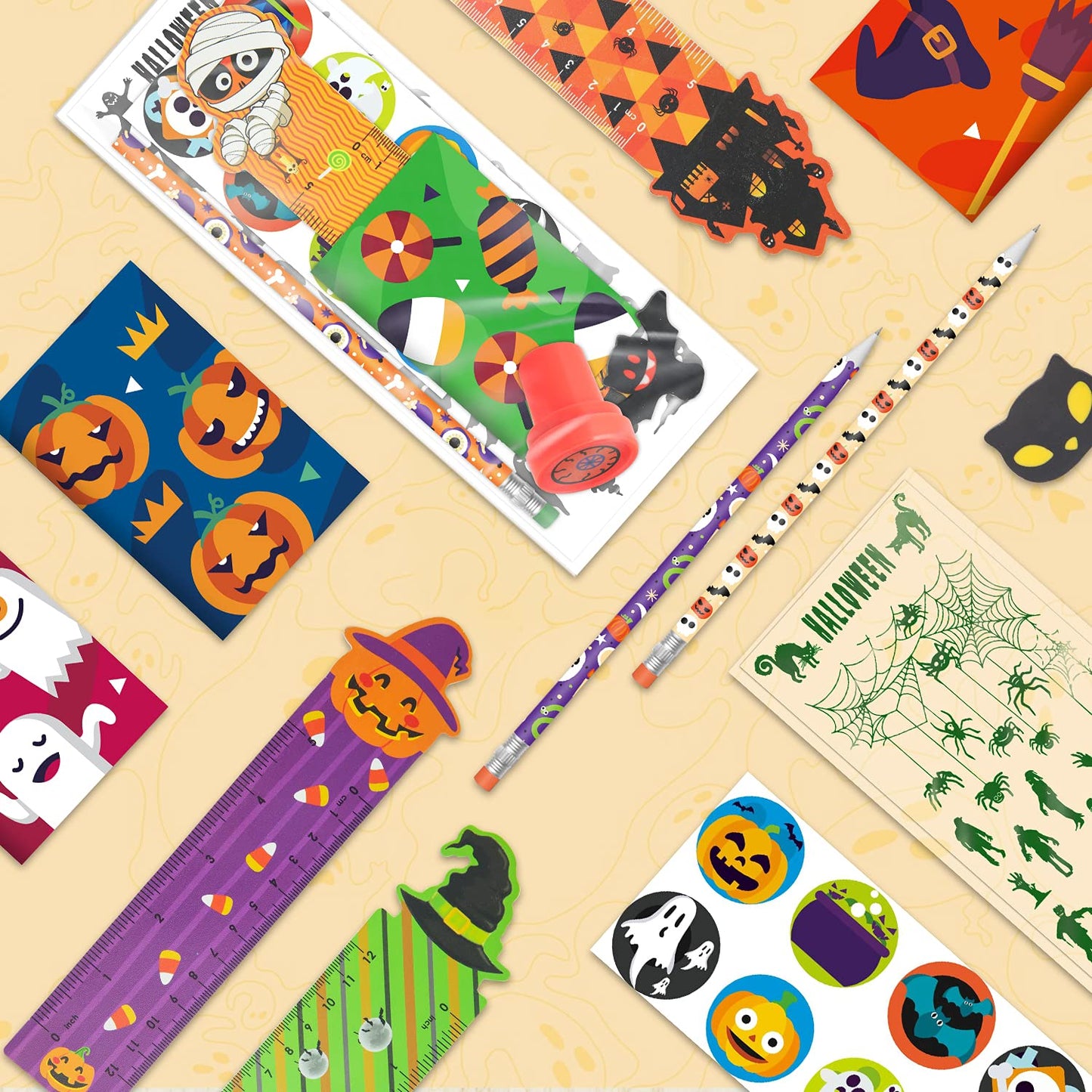 SpringFlower 168pcs Halloween Party Favors For Kids, Halloween Stationery set , Halloween Goody Bag Fillers including Pencil, Eraser, Ruler, Notepad, Stamper, Sticker For Trick or Treat