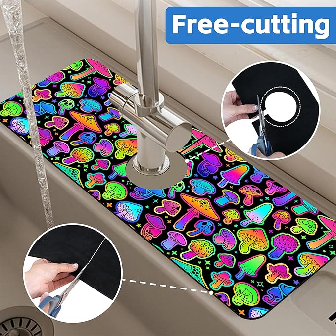 Bright Neon Mushroom Kitchen Sink Splash Guard Absorbent Fast Drying Mat Faucet