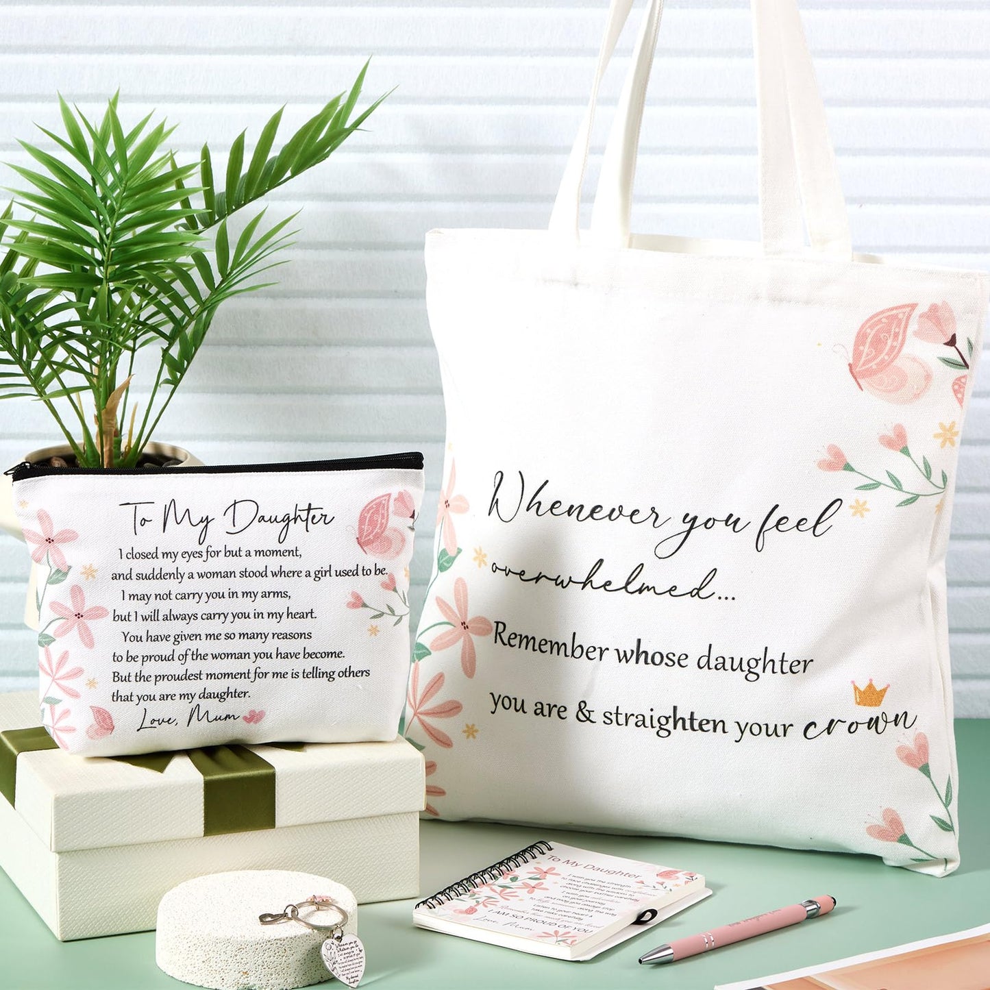 Gaillty 5 Pcs Gifts for Women, Inspirational to My Daughter Mothers Day Gift with Tote Bag, Makeup Bag, Notebook, Ballpoint Pen & Keychain Congratulations Graduation Wedding Gift from Mom Dad