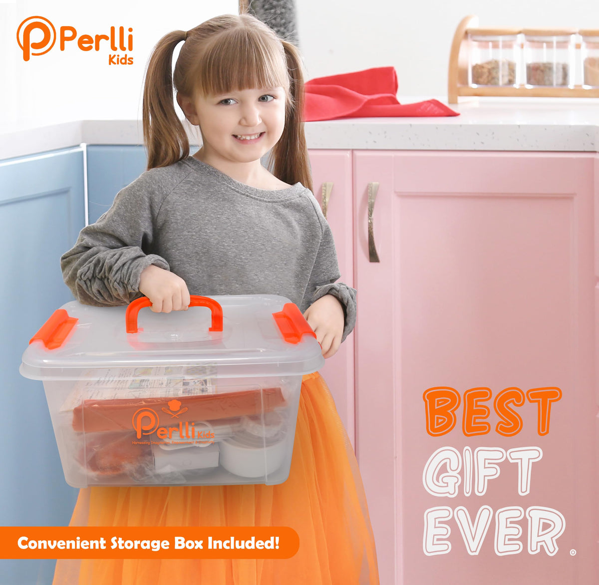PERLLI Kids Real Cooking Set for Cooking and Baking – 31 Pc. Gift for Junior Chef with Real Utensils, Case & Safe Kids Knife Set for Boys & Girls – Fine Motor Skills & Fun for Children Ages 6+, Orange
